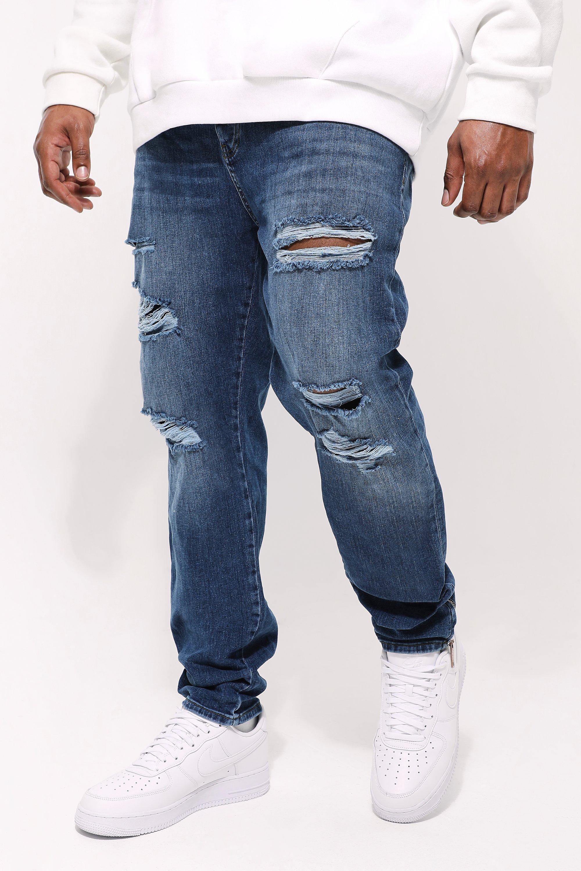 BoohooMAN Plus Skinny Stretch Ripped Jean With Zip Hem in Blue for Men |  Lyst