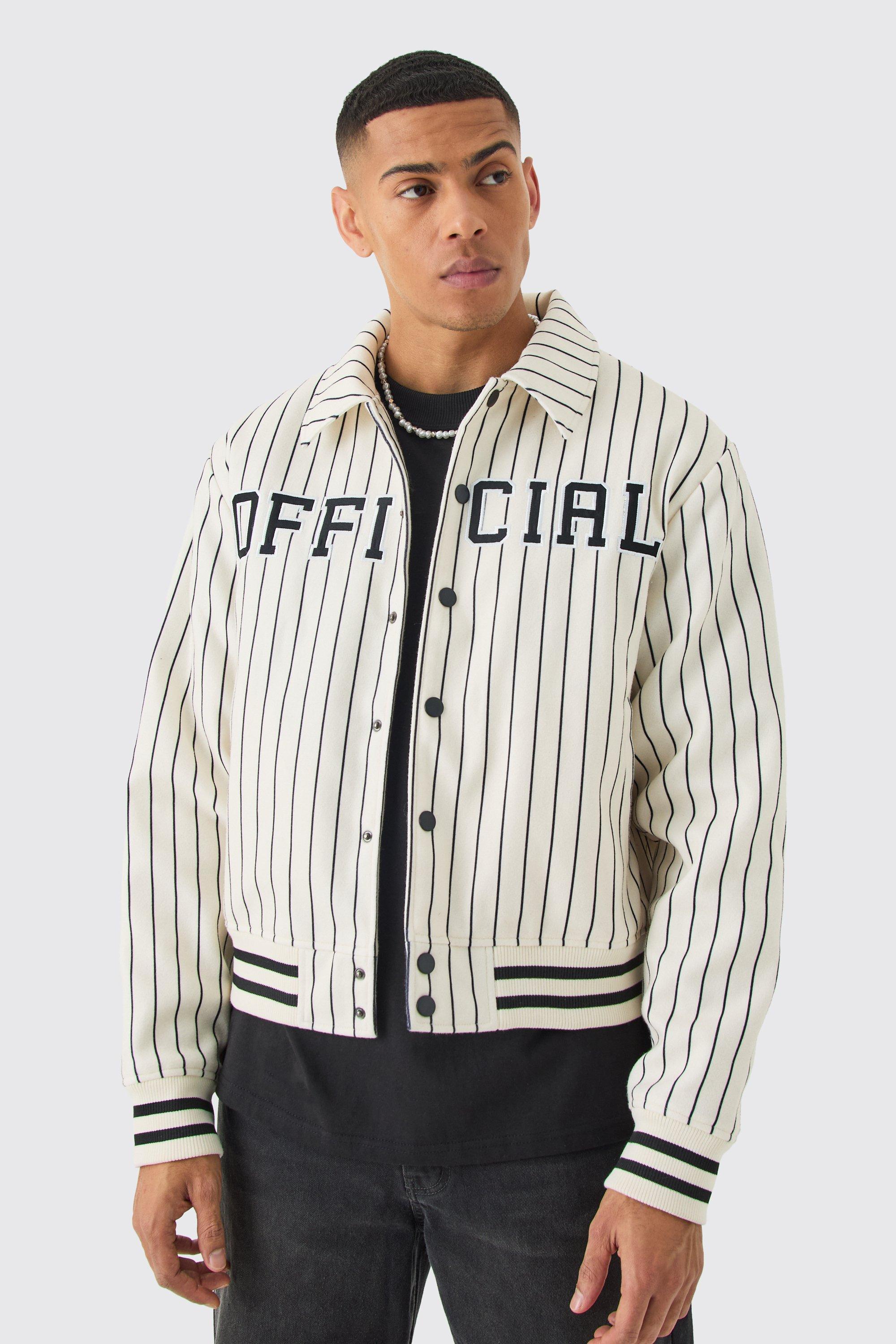 BoohooMAN Official Pinstripe Varsity Bomber Jacket in Natural for Men Lyst UK