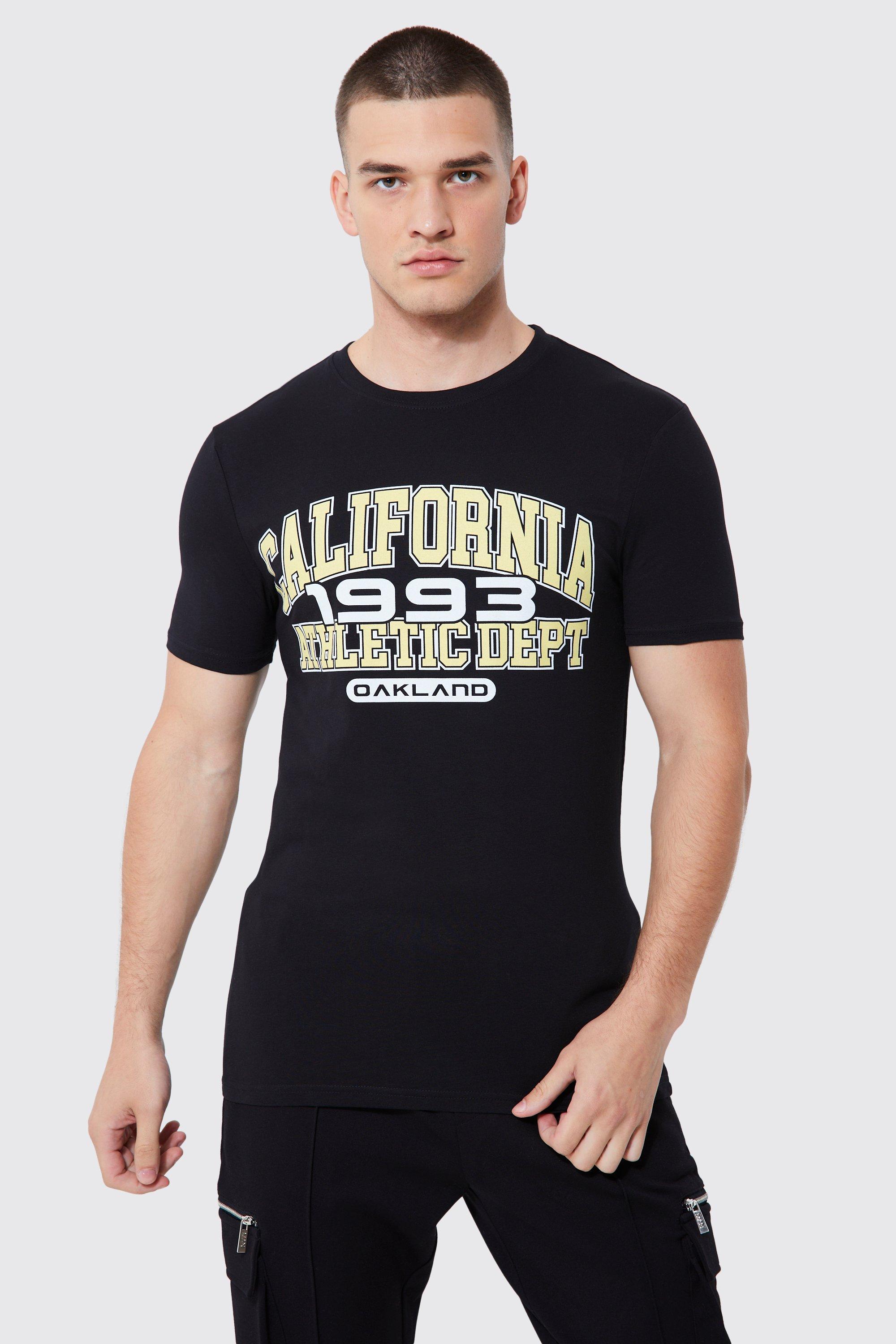 BoohooMAN Tall Muscle Fit California Varsity Tshirt in Black for Men