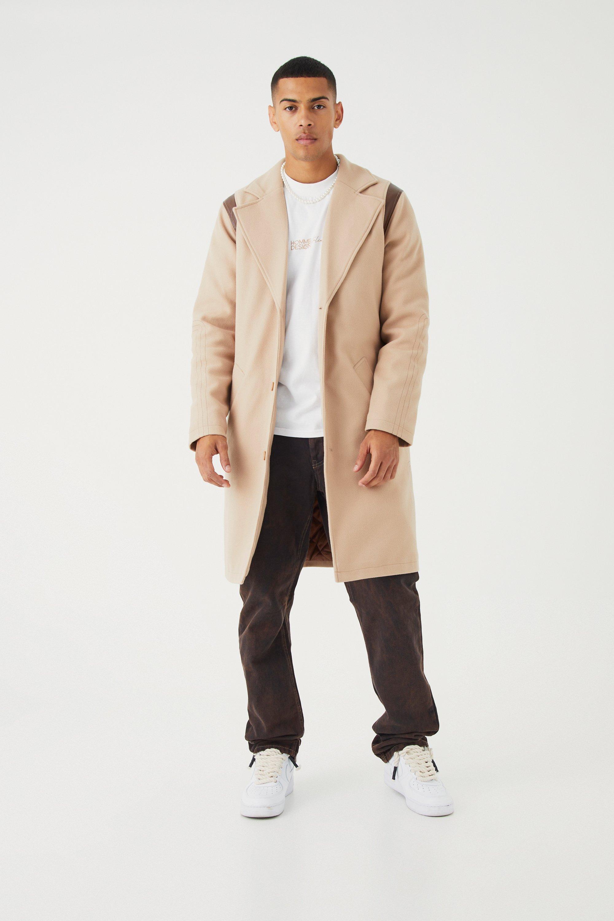 BoohooMAN Single Breasted Melton Overcoat With Pu in Natural for Men | Lyst