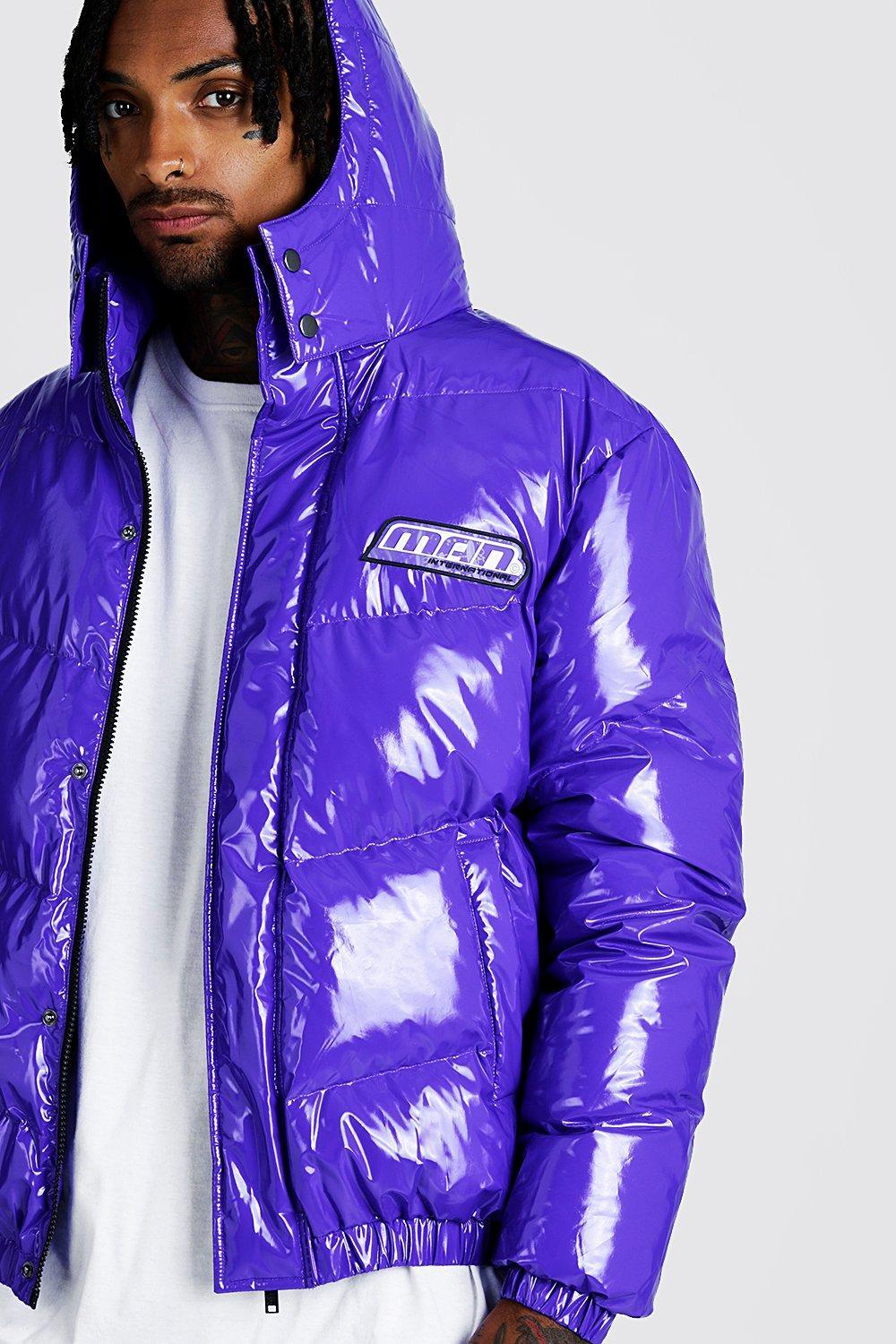 BoohooMAN Denim Man High Shine Puffer Coat in Purple for Men - Lyst