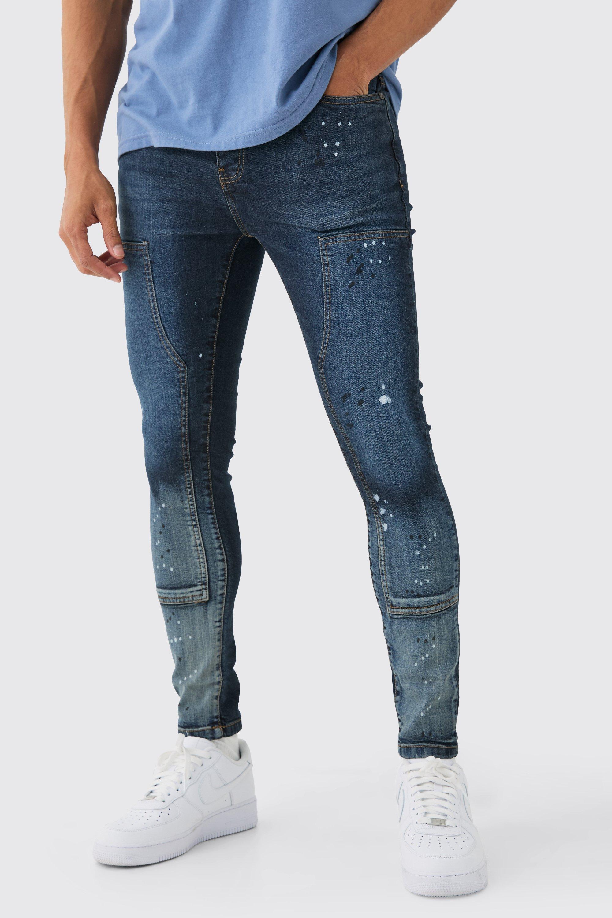 BoohooMAN Super Skinny Stretch Carpenter Paint Splatter Jean In Blue