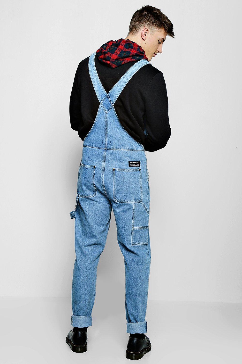 BoohooMAN Slim Fit Rigid Denim Dungarees in Vintage Wash (Blue) for Men