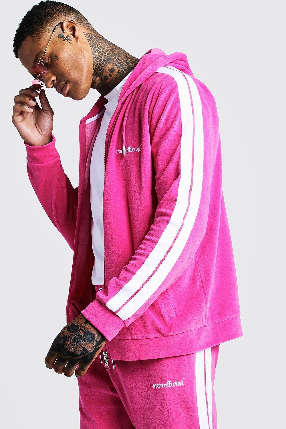 BoohooMAN Man Official Velour Tracksuit With Side Tape in Pink for Men