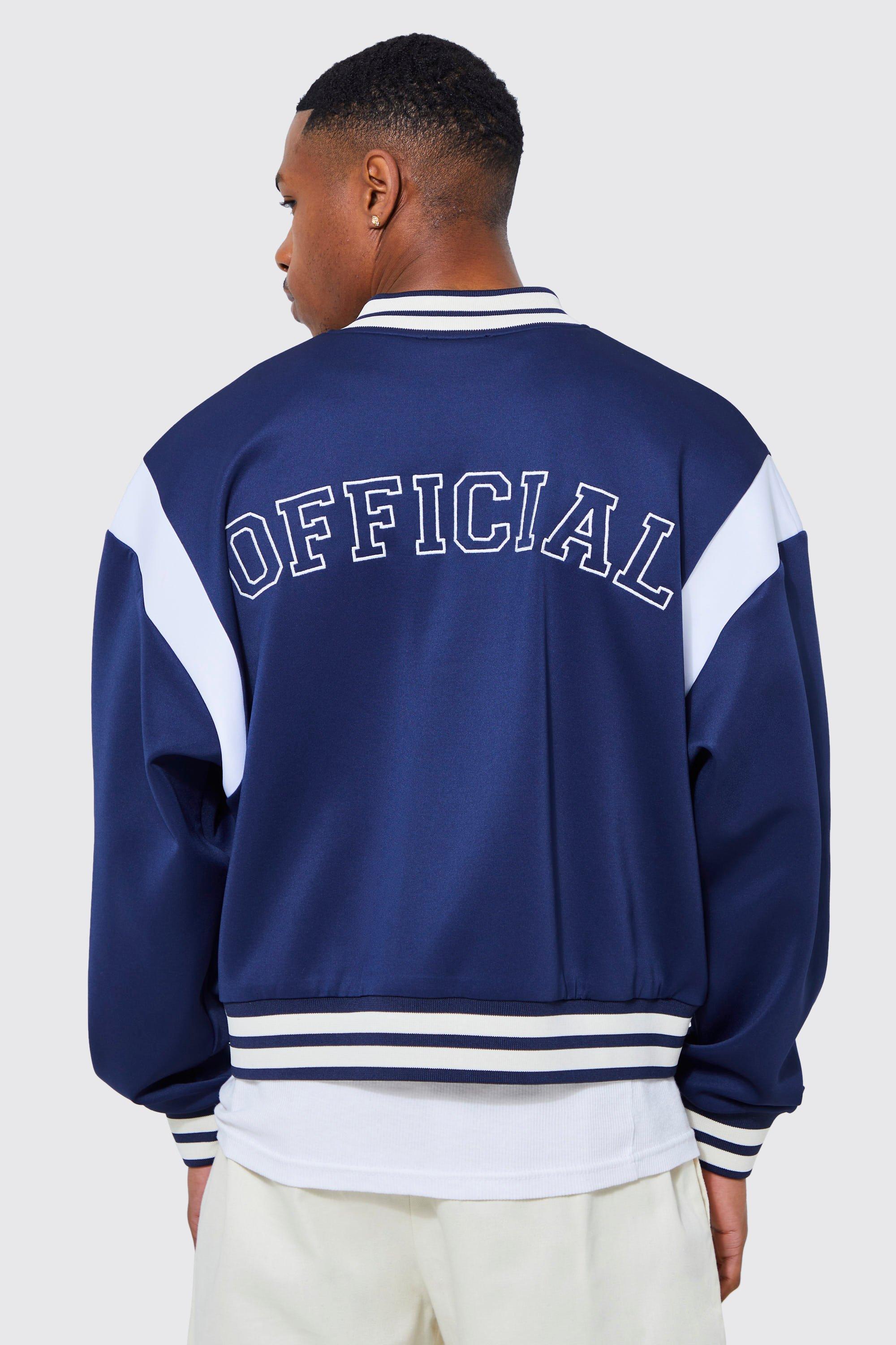 BoohooMAN Boxy Scuba Varsity Jacket in Blue for Men Lyst UK