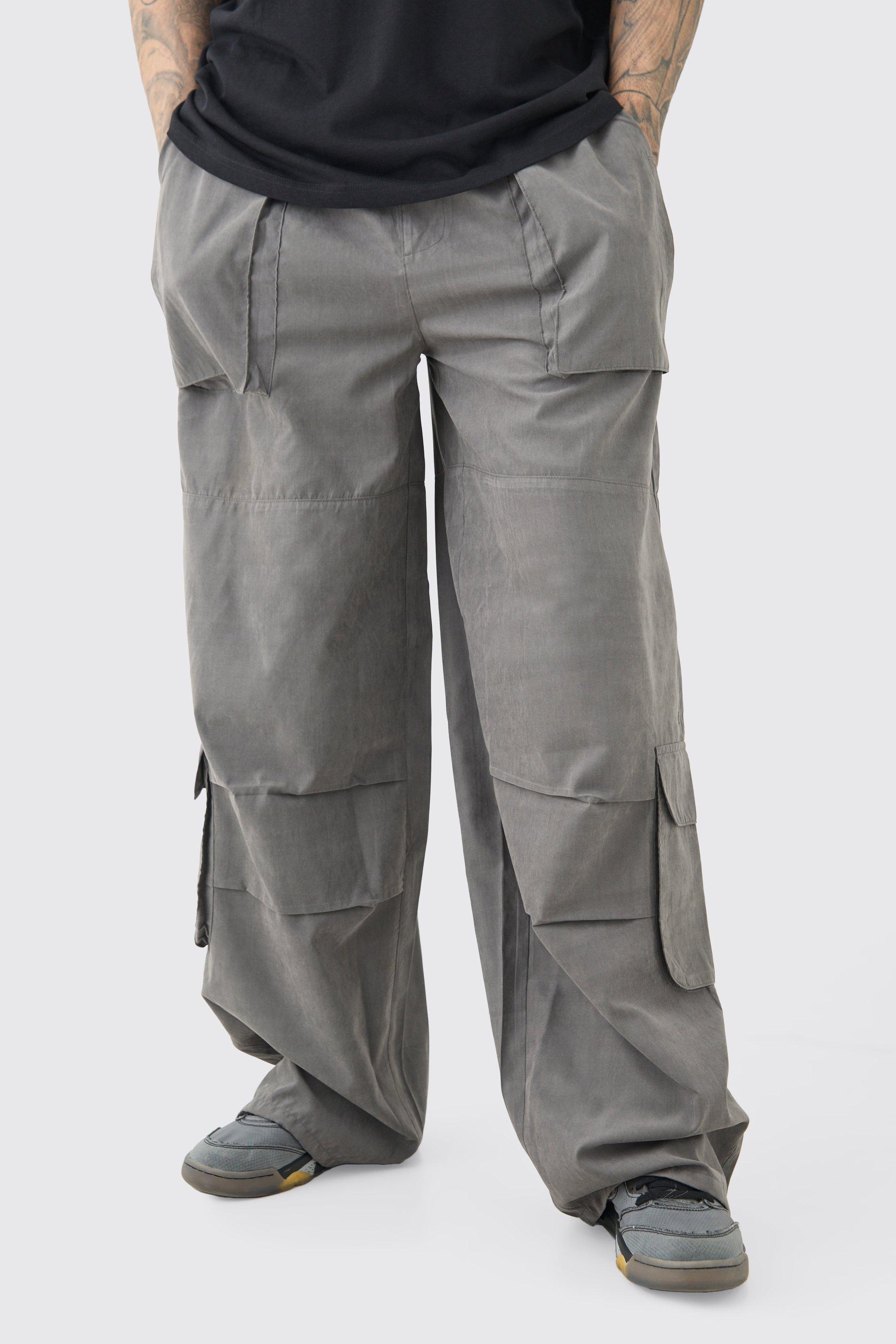 BoohooMAN Tall Elasticated Waist Oversized Peached Cargo Pants in Gray