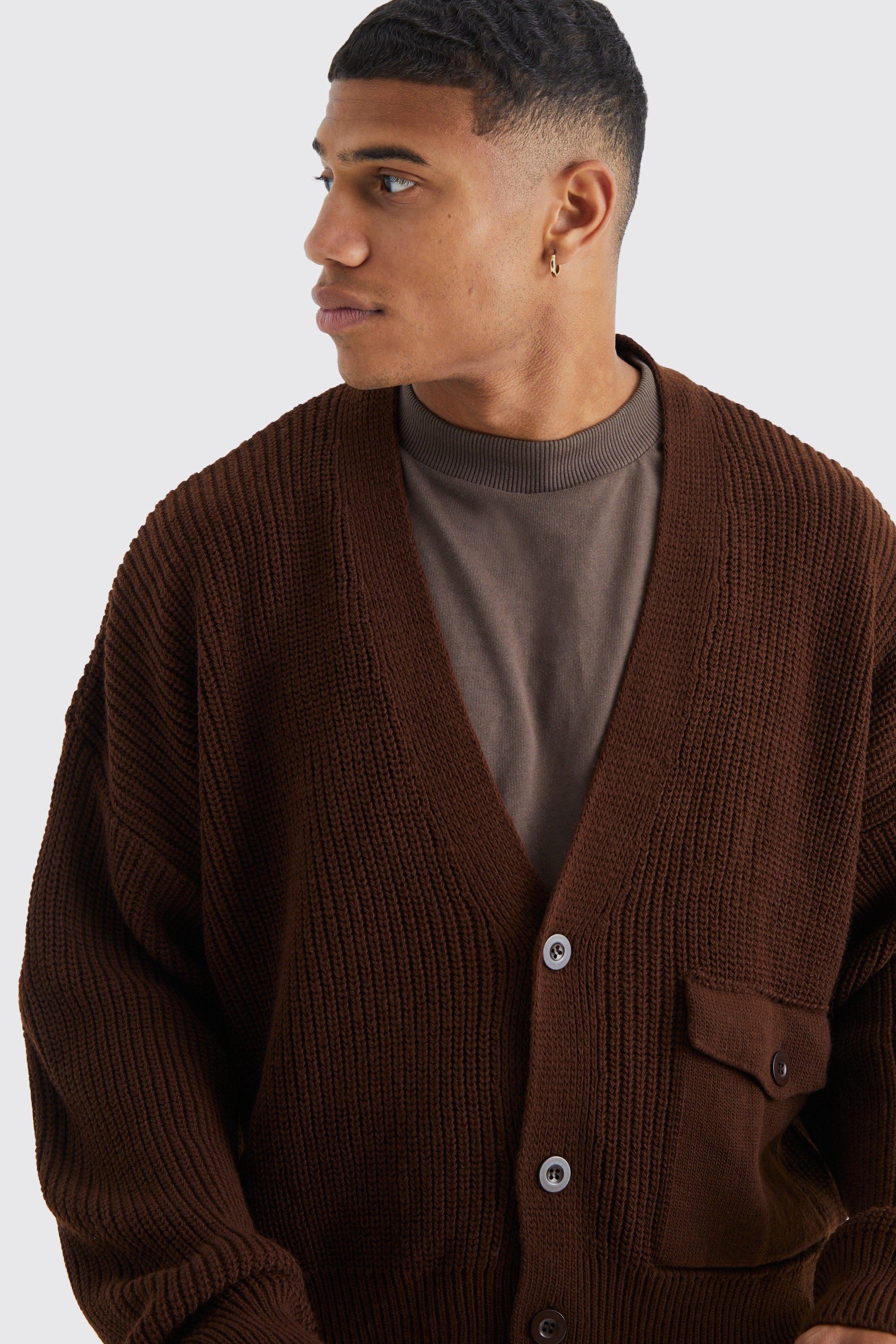BoohooMAN Boxy Pleated Patch Pocket Cardigan in Brown for Men | Lyst UK