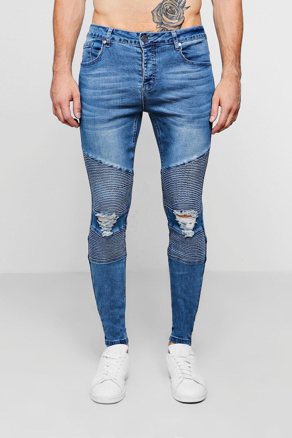 BoohooMAN Denim Mid Blue Biker Detail Skinny Fit Jeans for Men - Lyst