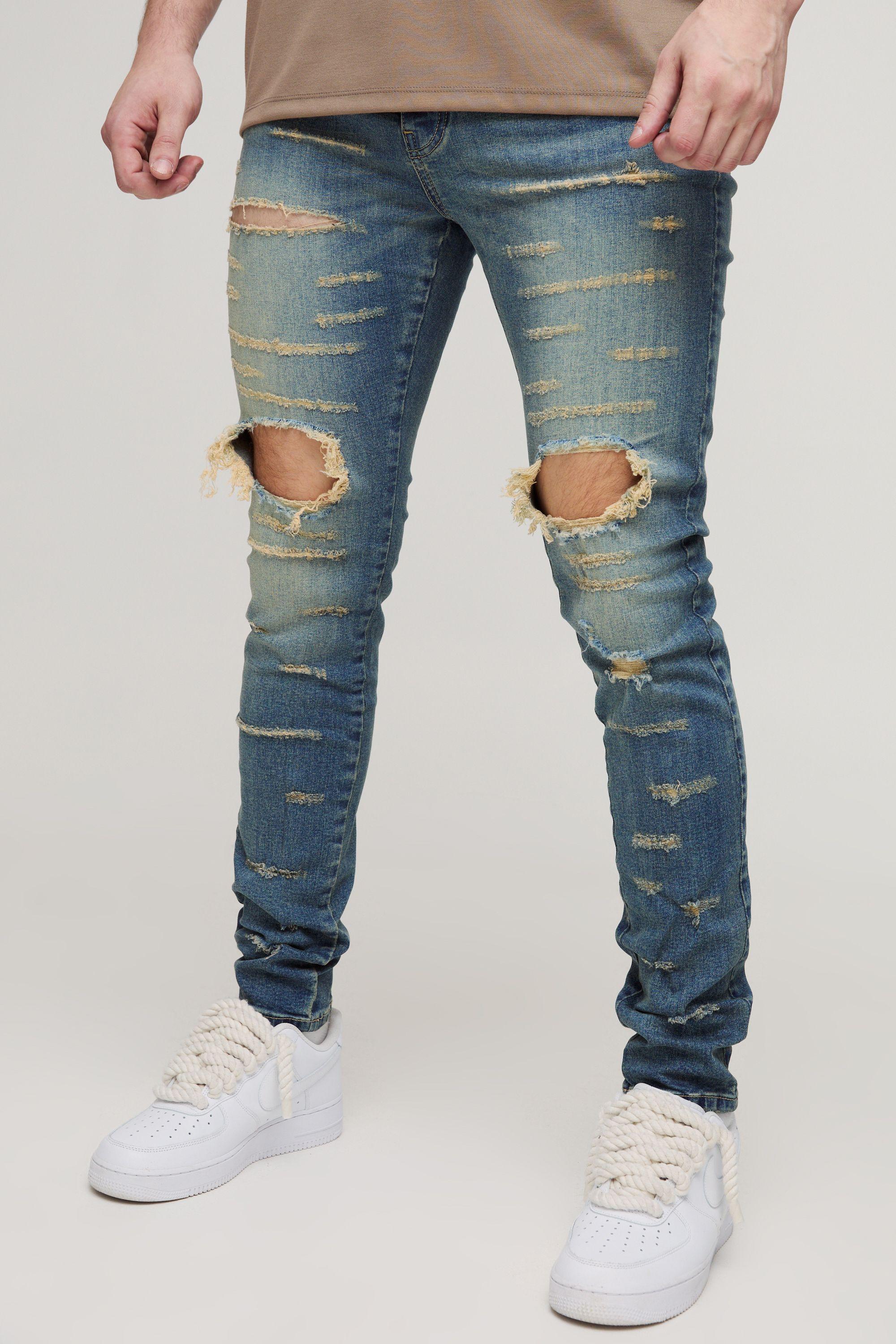 BoohooMAN Tall Extreme Rip Busted Knee Skinny Jeans in Blue for
