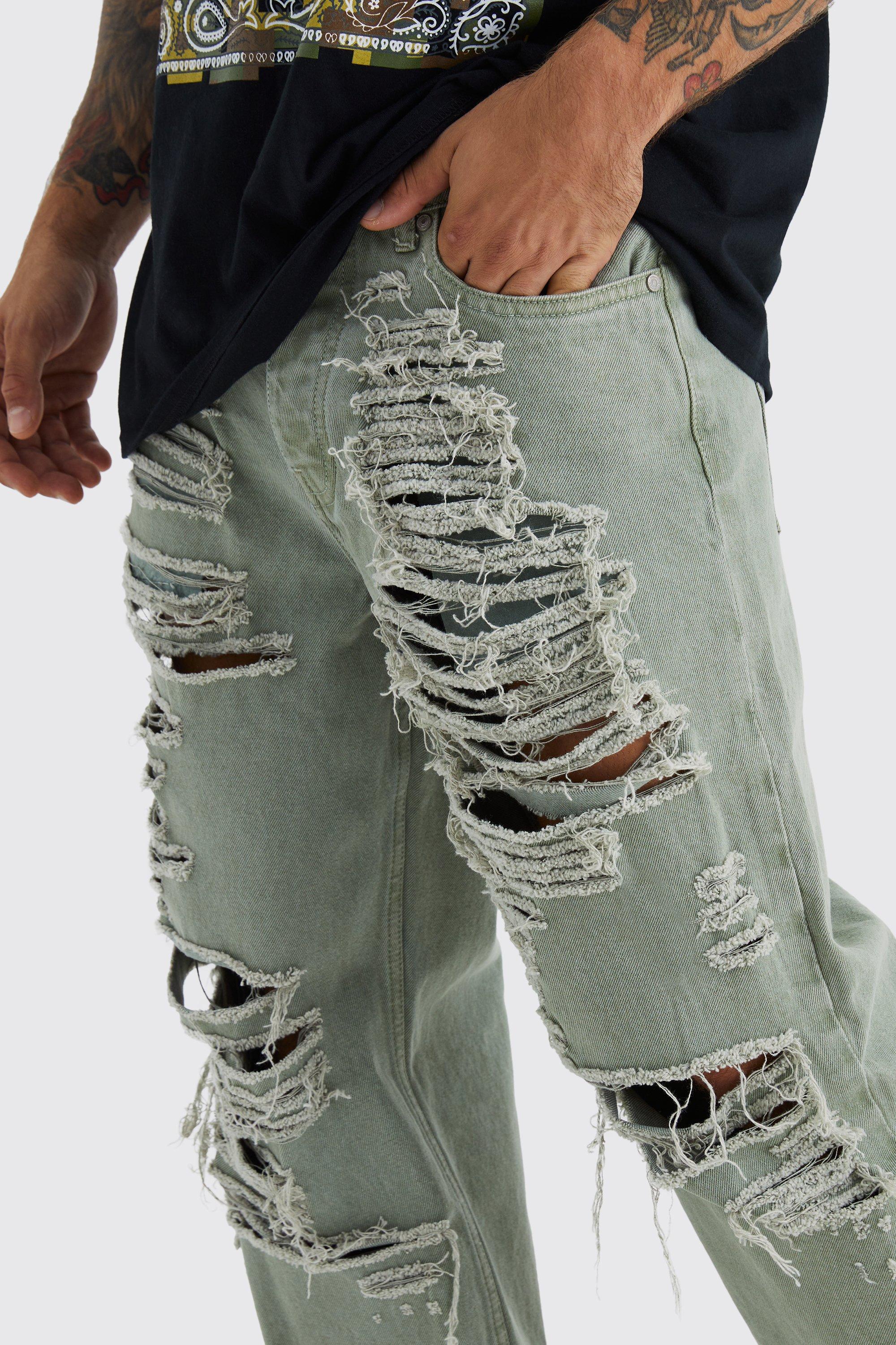 BoohooMAN Baggy Rigid All Over Ripped Jeans in Green for Men | Lyst UK