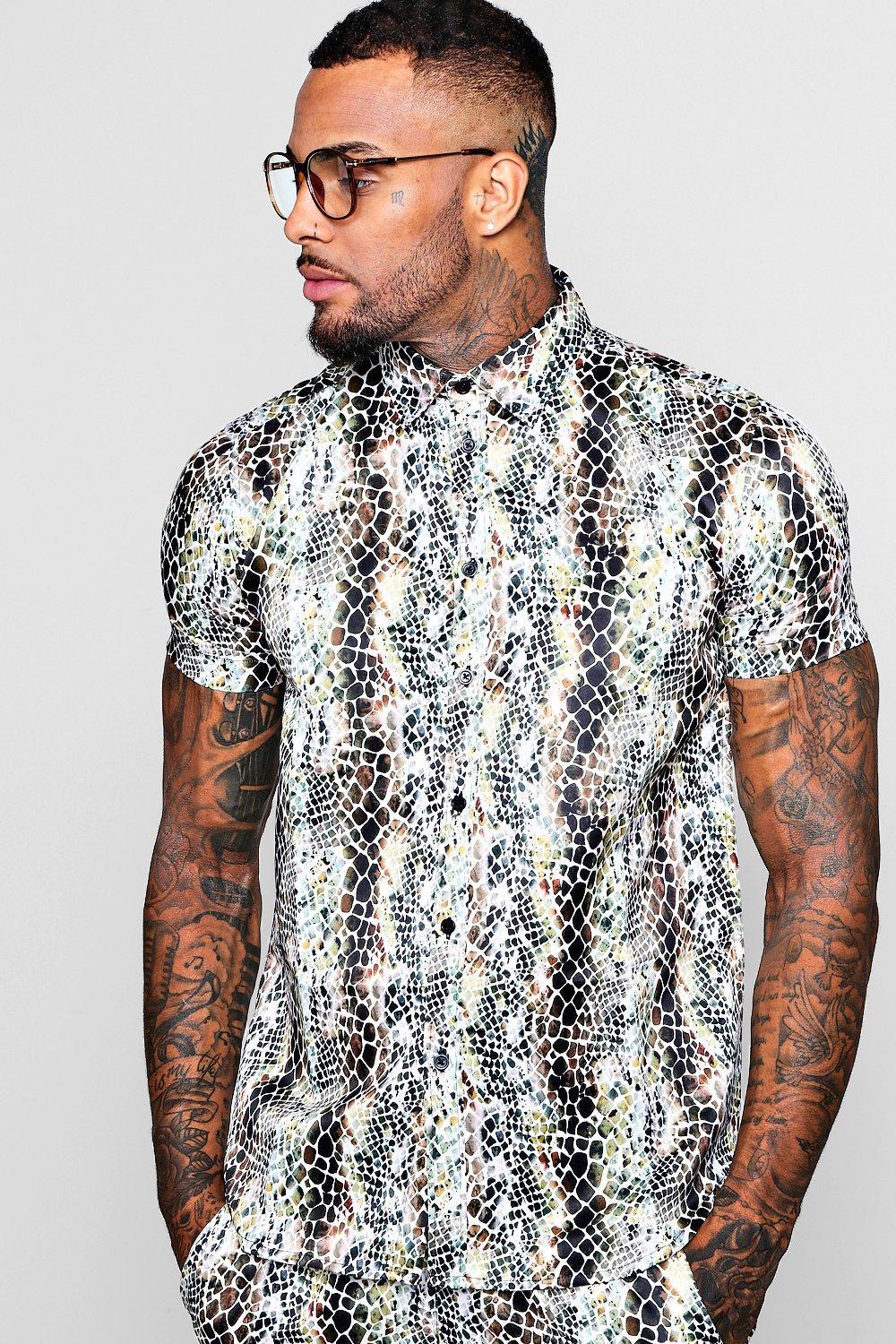 BoohooMAN Snake Skin Print Short Sleeve Satin Shirt in for Men | Lyst