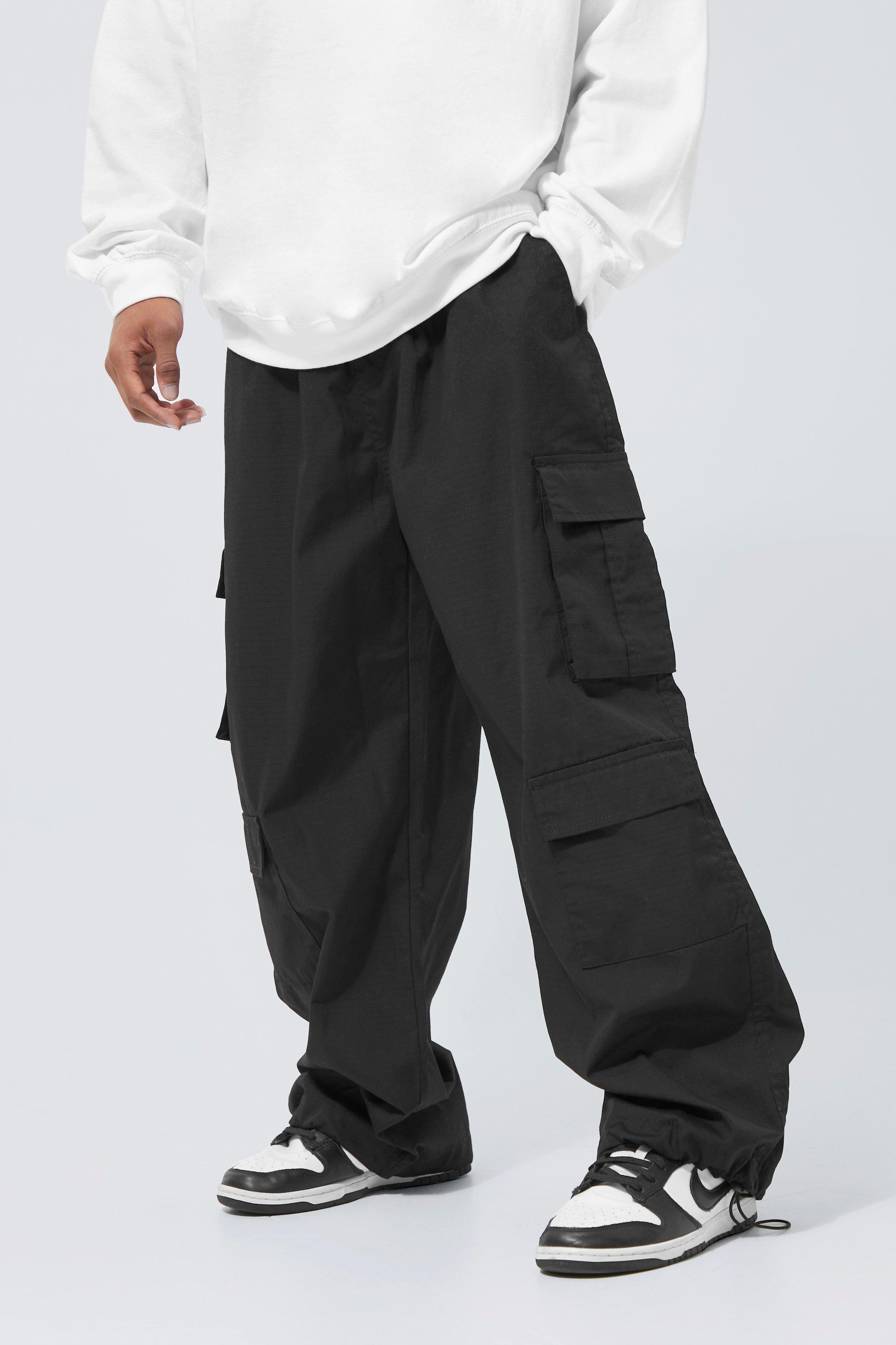 BoohooMAN Elastic Waist Parachute Ripstop Cargo Trouser in Black for Men |  Lyst