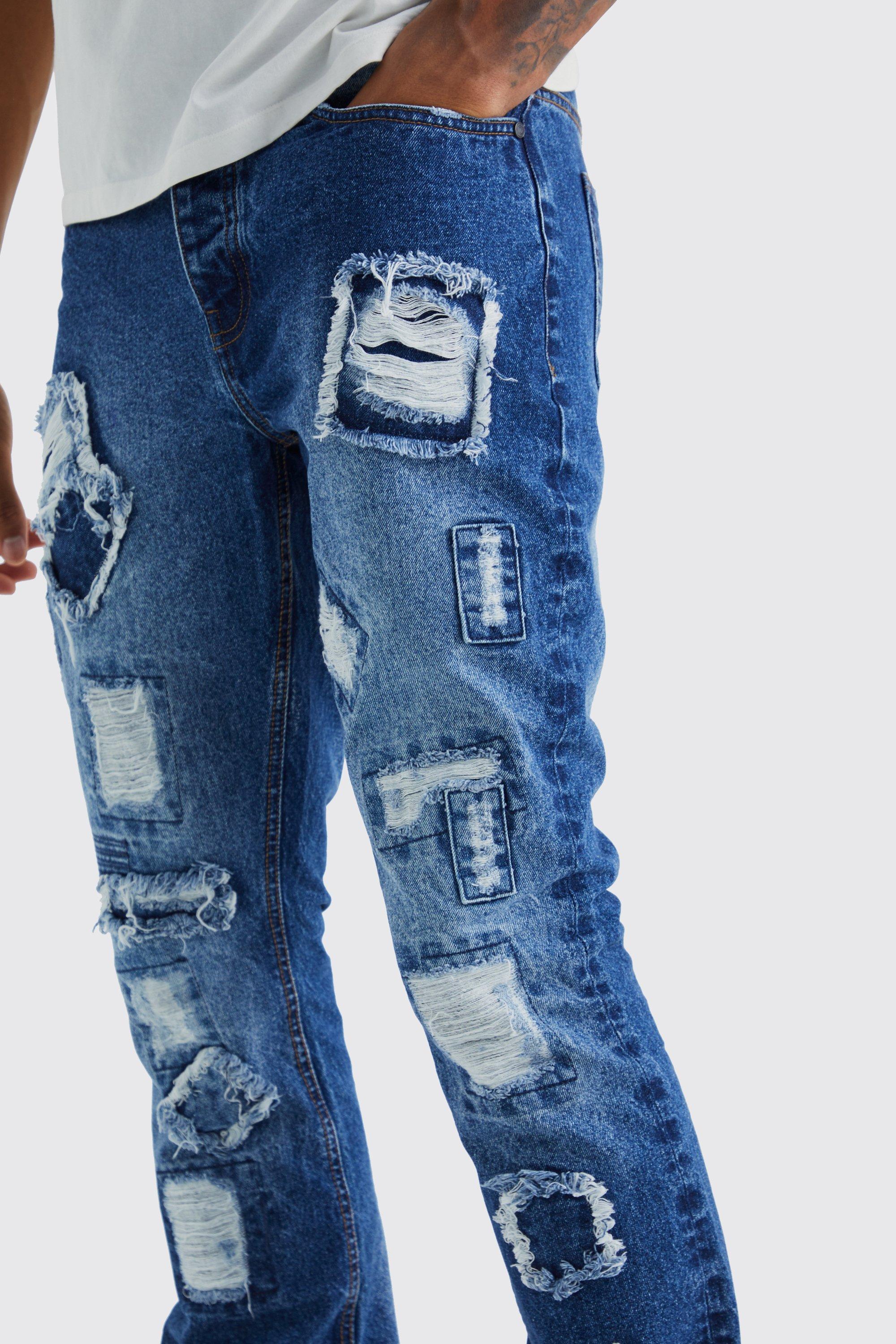 BoohooMAN Tall Slim Rigid Flare Patchwork Distressed Jean in Blue