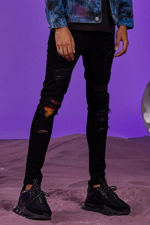 super skinny coloured bandana ripped jeans