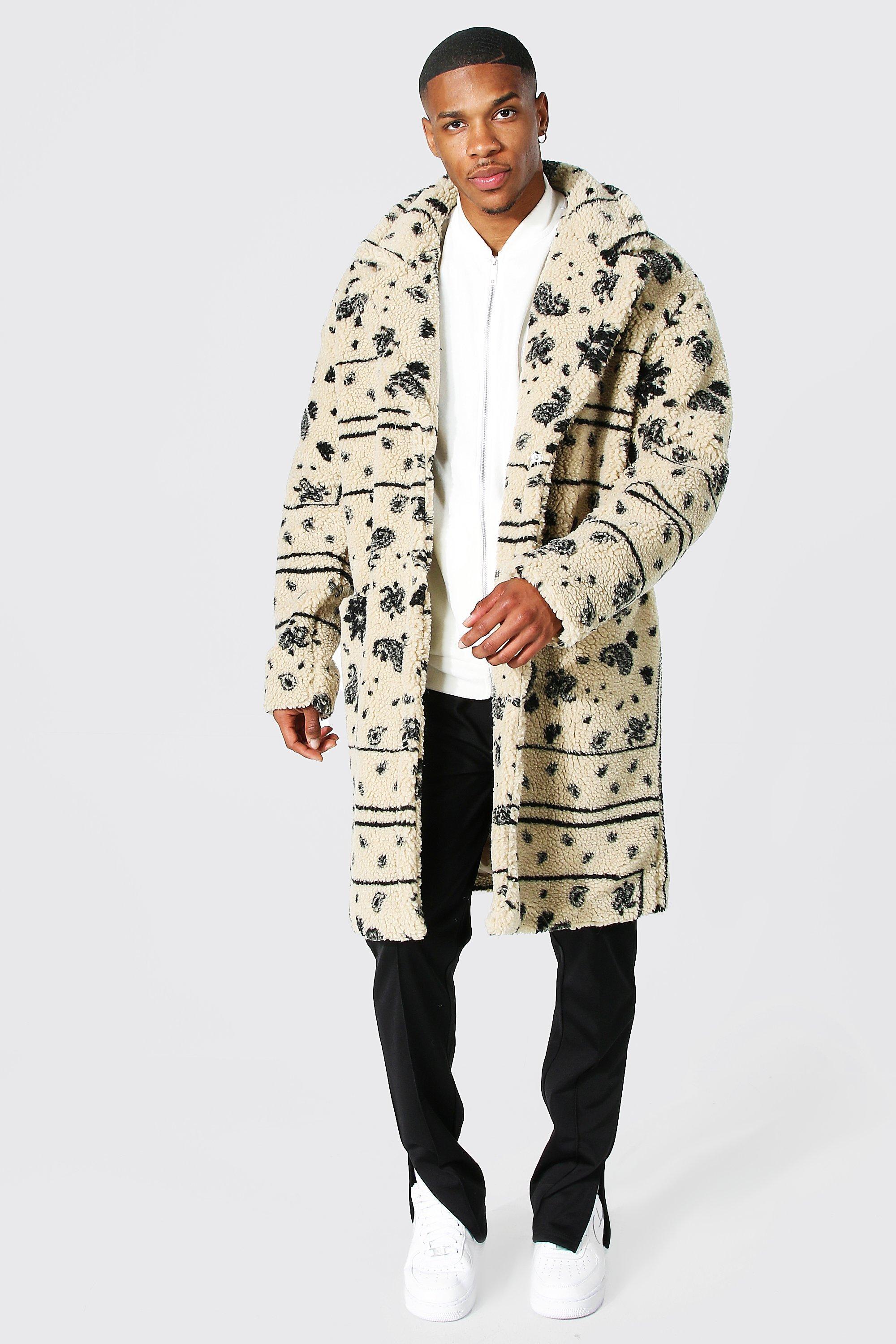 BoohooMAN Bandana Longline Borg Coat in 