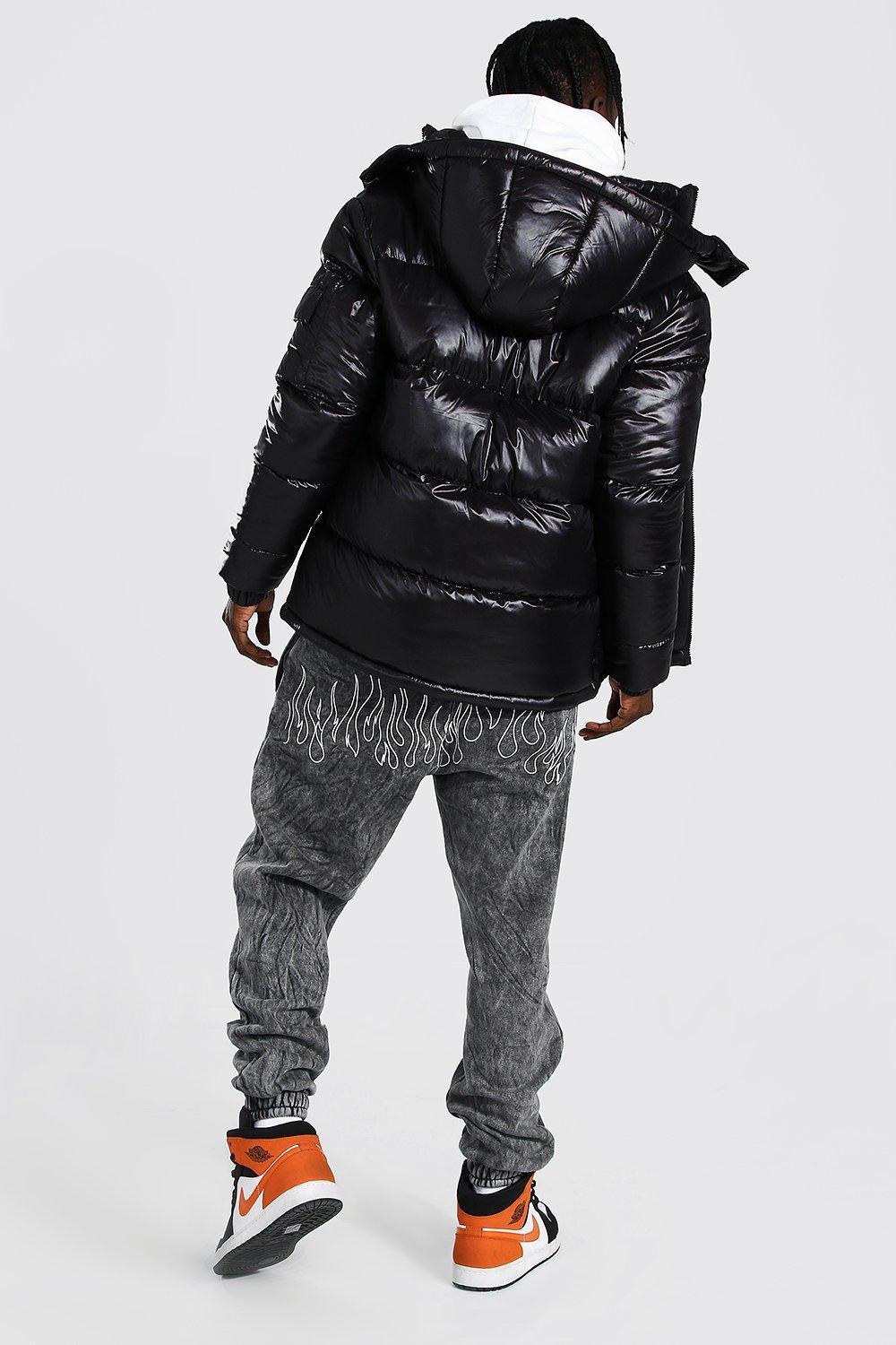 boohoo 再入荷！ハイシャイン パネル パファー ジャケット 黒 High Shine Puffer Jacket in Black | boohooMAN USA