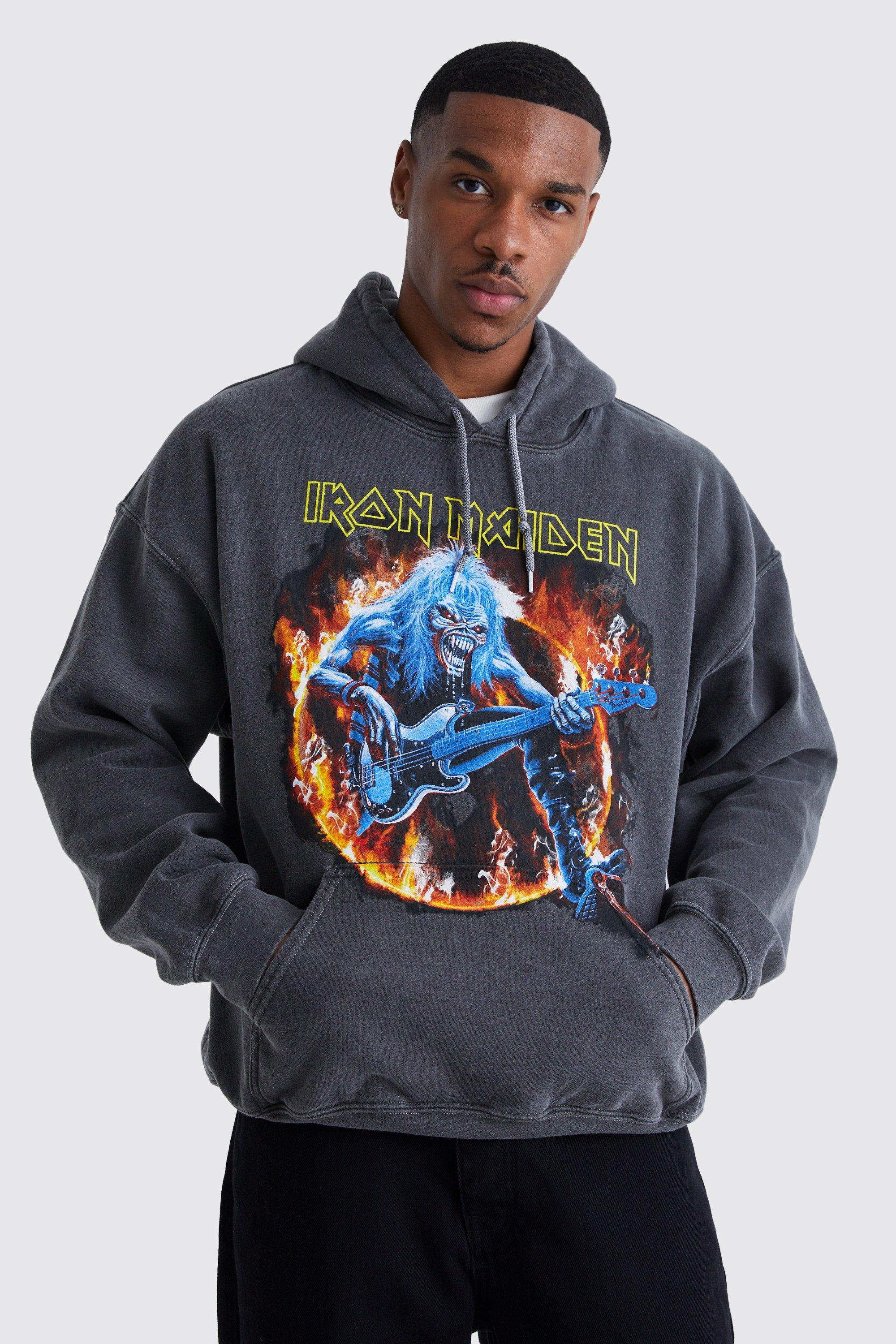 BoohooMAN Oversized Iron Maiden Overdye License Hoodie in Gray for
