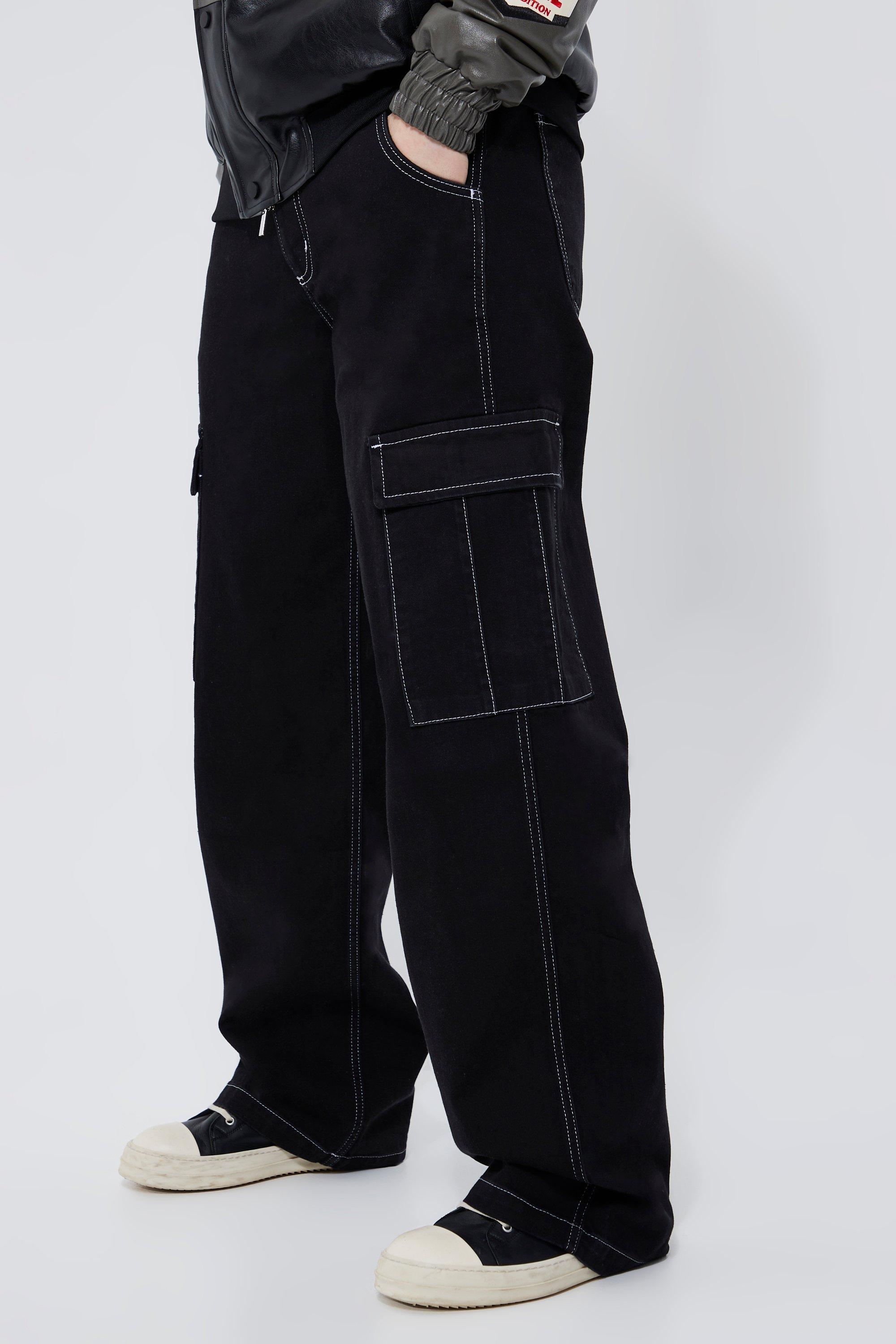 Boohoo Tall Baggy Contrast Stitch Cargo Pocket Jeans in Black | Lyst