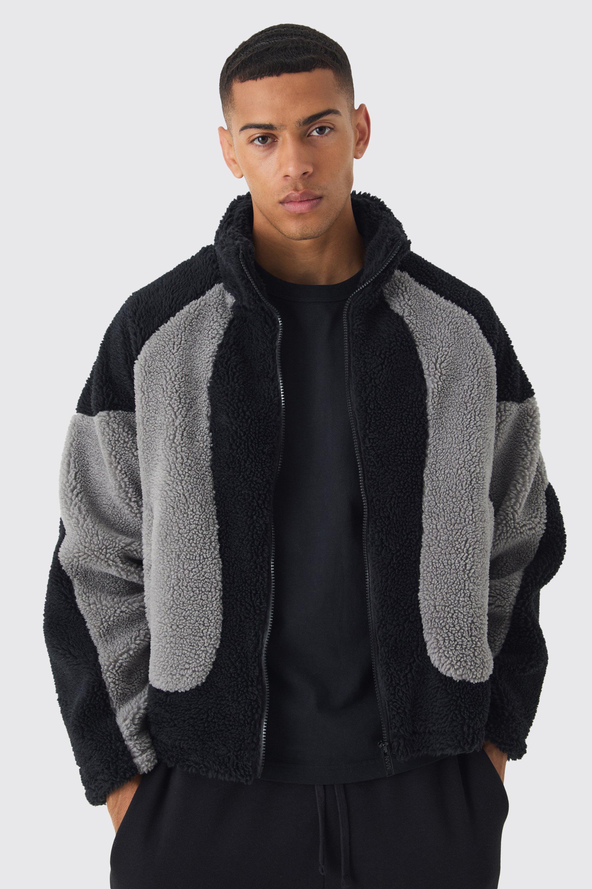 BoohooMAN Colour Block Borg Jacket in Black for Men Lyst