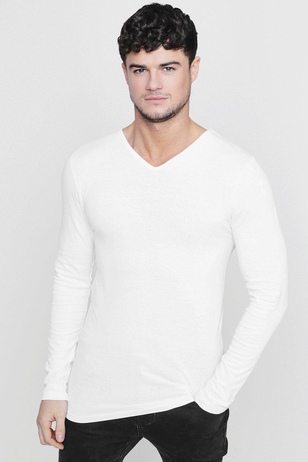 Download Boohoo Long Sleeve V-neck T-shirt In Muscle Fit in White ...