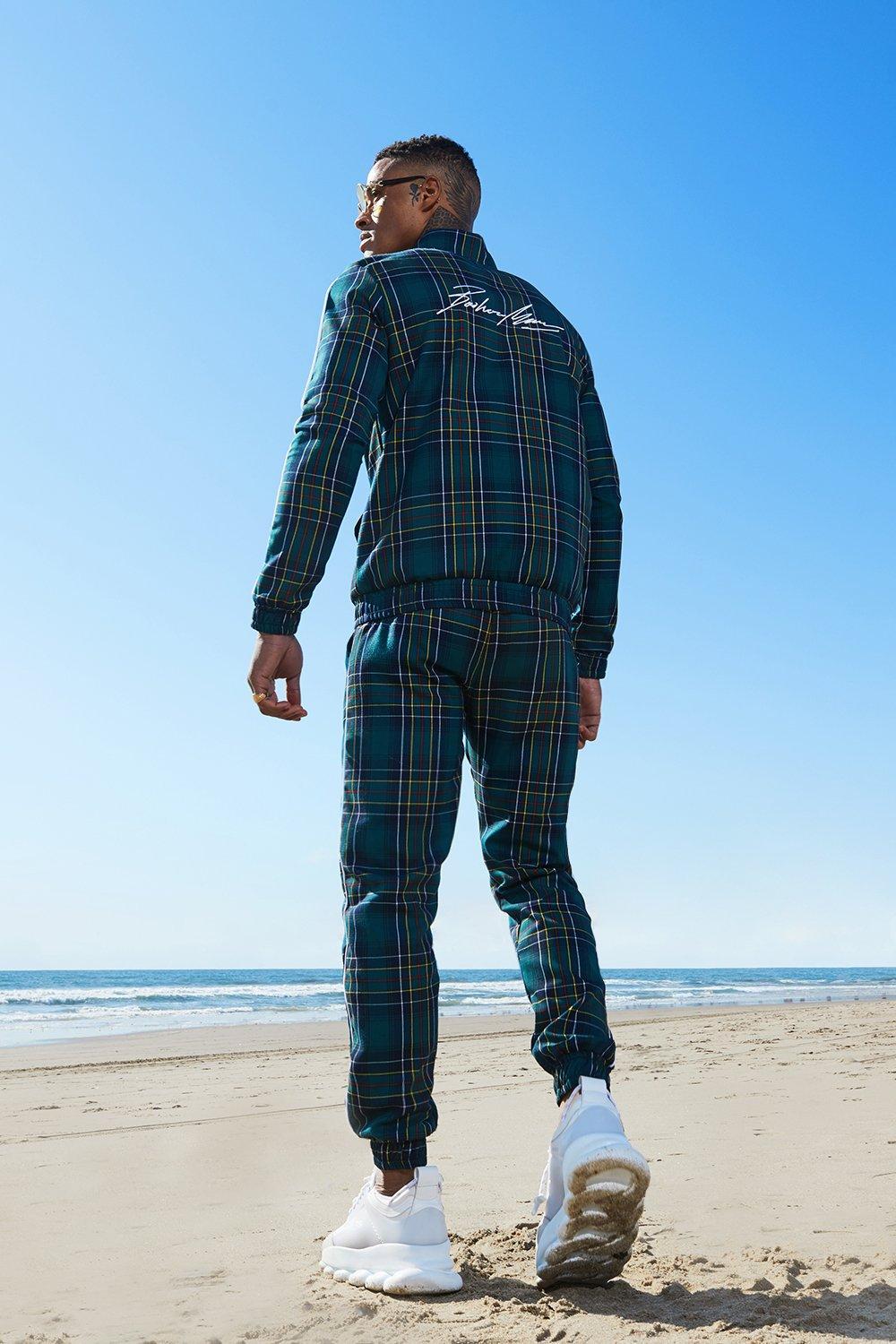 BoohooMAN Tartan Man Emboridered Smart Tracksuit in Forest (Blue) for
