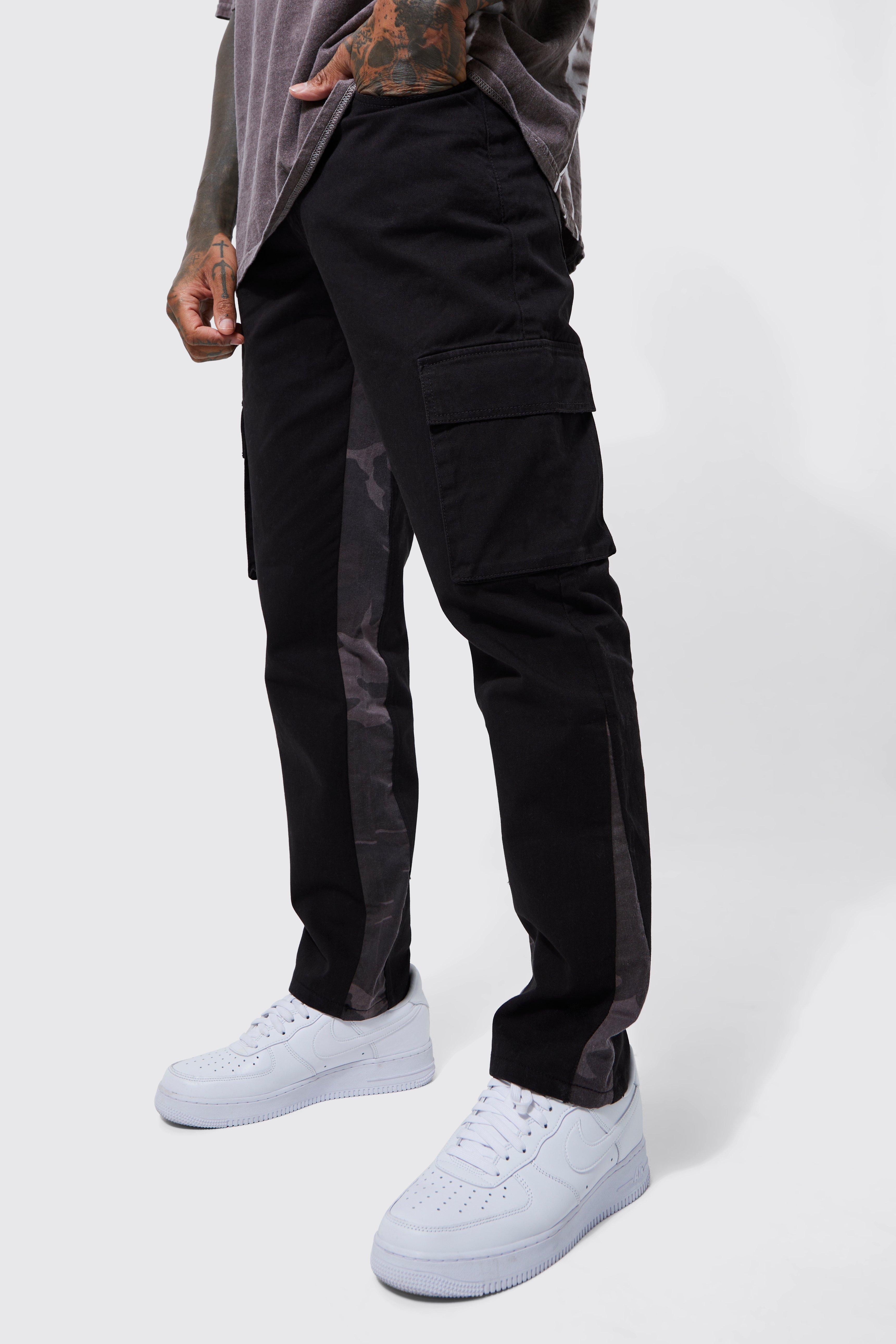 BoohooMAN Fixed Waist Straight Camo Gusset Cargo Trouser in Black for ...