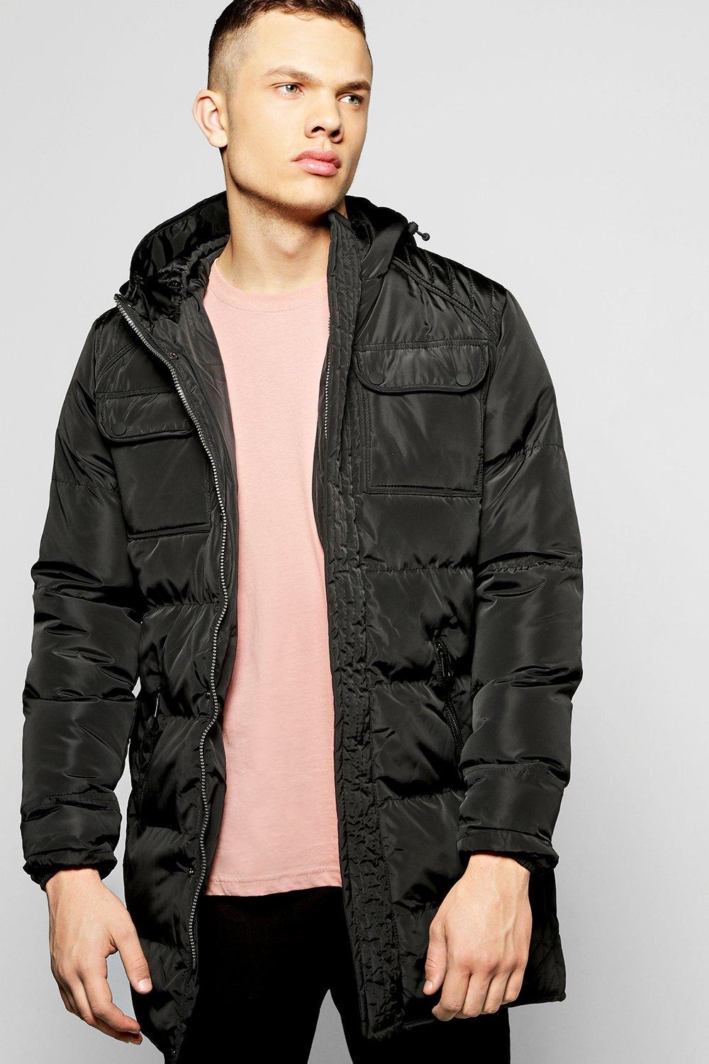 Boohoo Denim Hooded Longline Padded Jacket in Black for Men - Lyst
