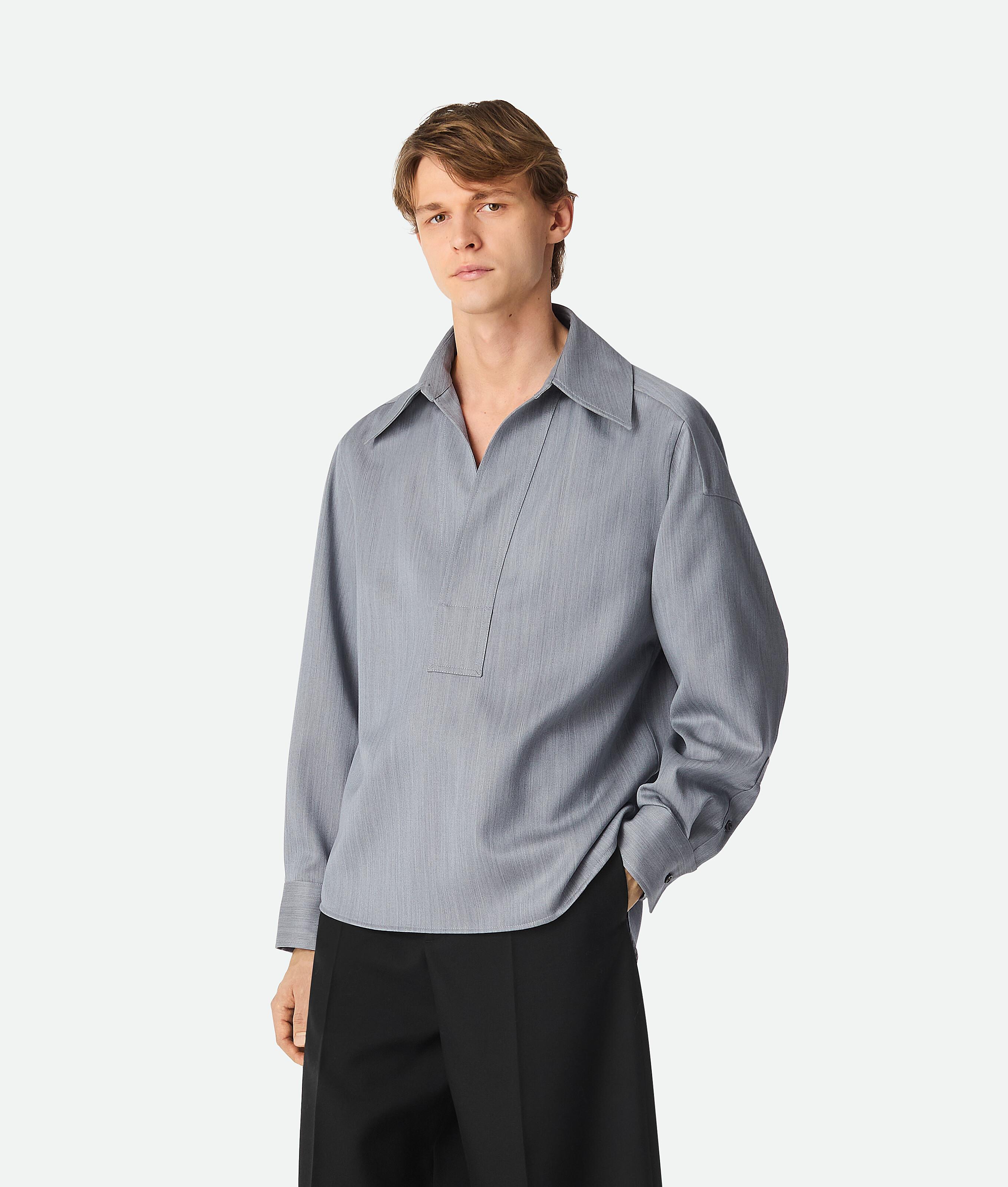 ボッテガヴェネタ ウール サトル Vネック シェブロンシャツ メンズ Bottega Veneta ウール サトル シェブロン シャツ グレー