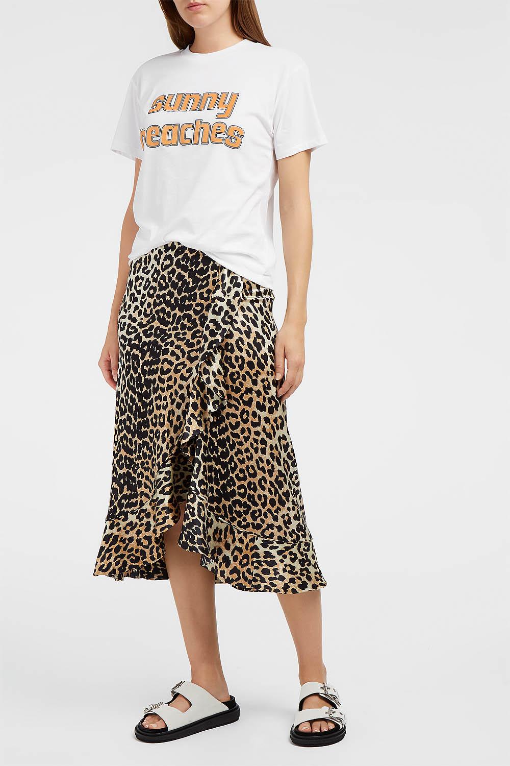 Ganni Dufort Ruffle-trimmed Leopard-print Stretch-silk Skirt in Black - Lyst