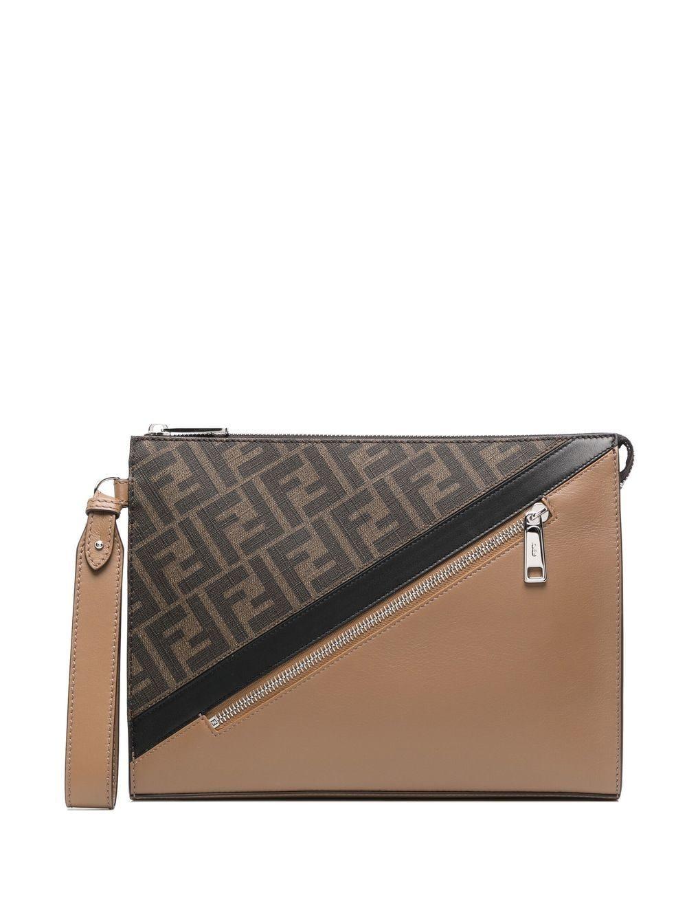 Fendi Clutch Pack FF Monogram Brown/Yellow in Fabric with Silver-tone - US