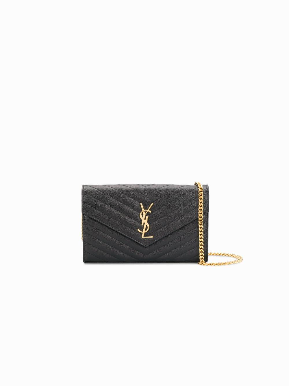 Black Chain-strap YSL-plaque grained-leather wallet, Saint Laurent