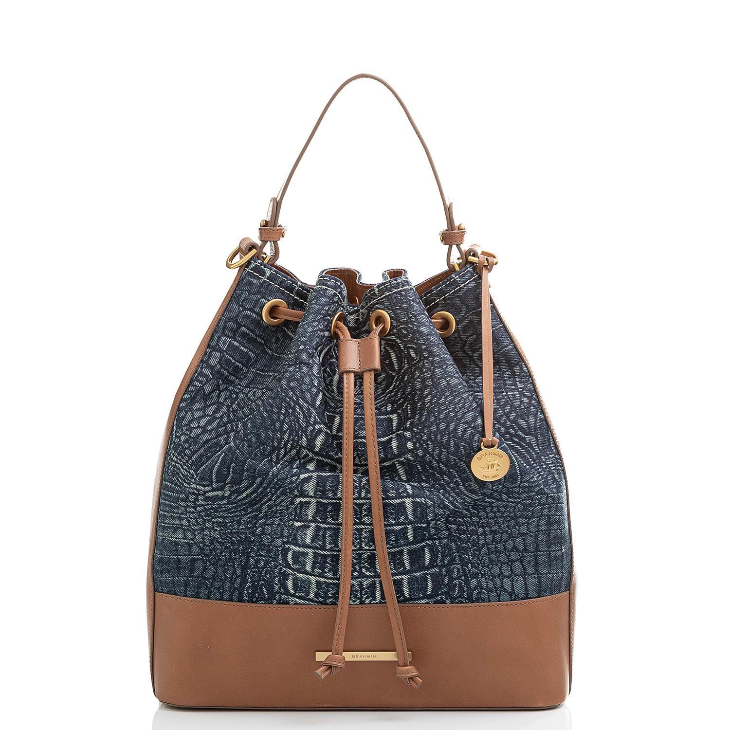 NWT BRAHMIN MARLOWE BLUE TOPAZ CROCO EMBS LEATHER BUCKET SHOULDER BAG msrp  $345