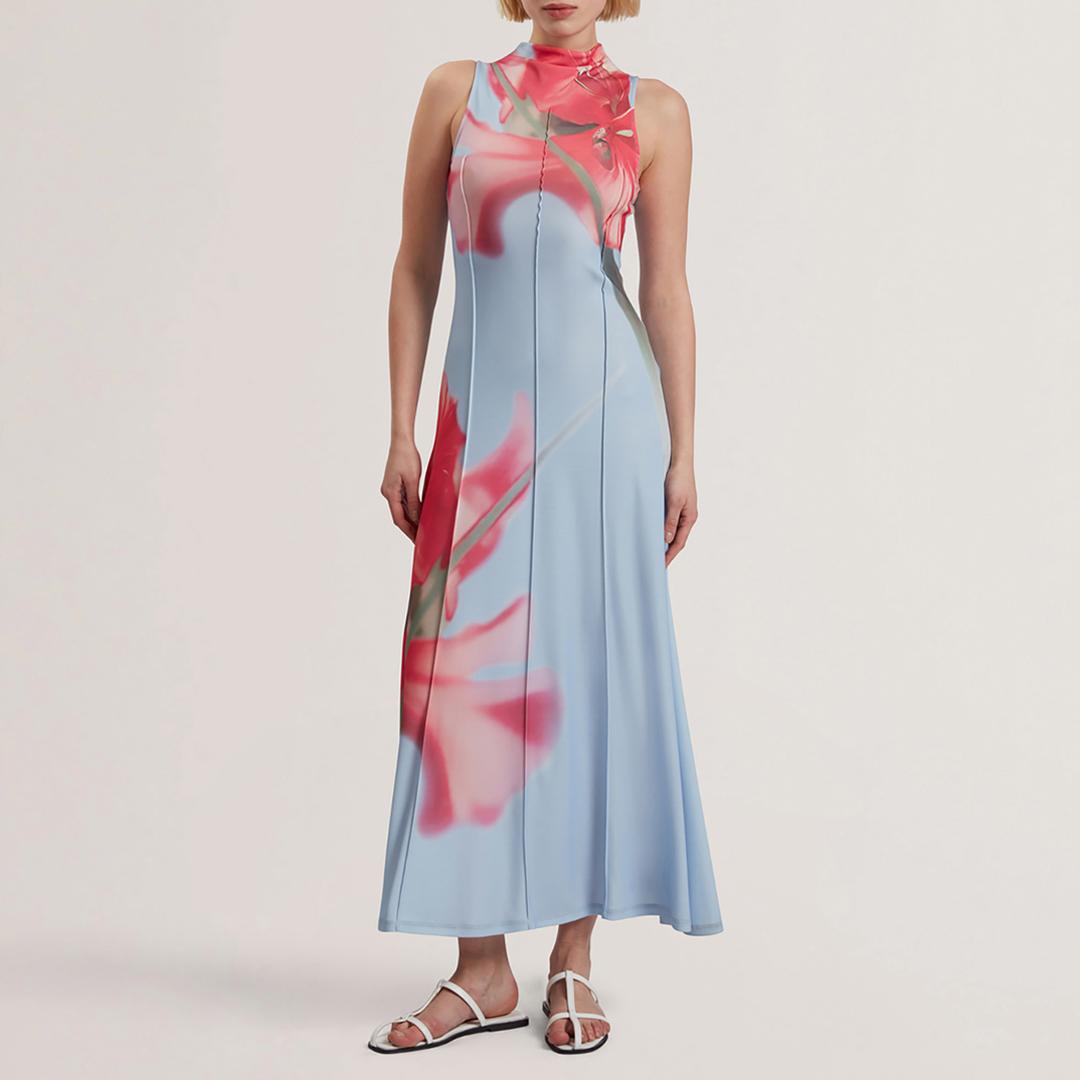 open lace back dress Floral Graphic Sleeveless Organza Midi Dress | Florza