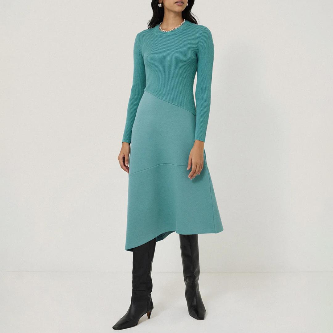jigsaw knit dress Our Knitted Ikat Jacquard Dress, as seen on Team Jigsaw. Swipe for a close  up of the colour pop hem. Shop: https://jigsaw.visitlink.me/JxKj7v  #InsideJigsaw