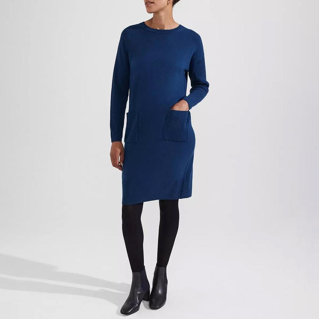 fitted blue jean dress HOBBS NAVY BLUE COLLARED BUTTON THROUGH LONG SLEEVE JERSEY DRESS SIZE   Whispers Dress Agency