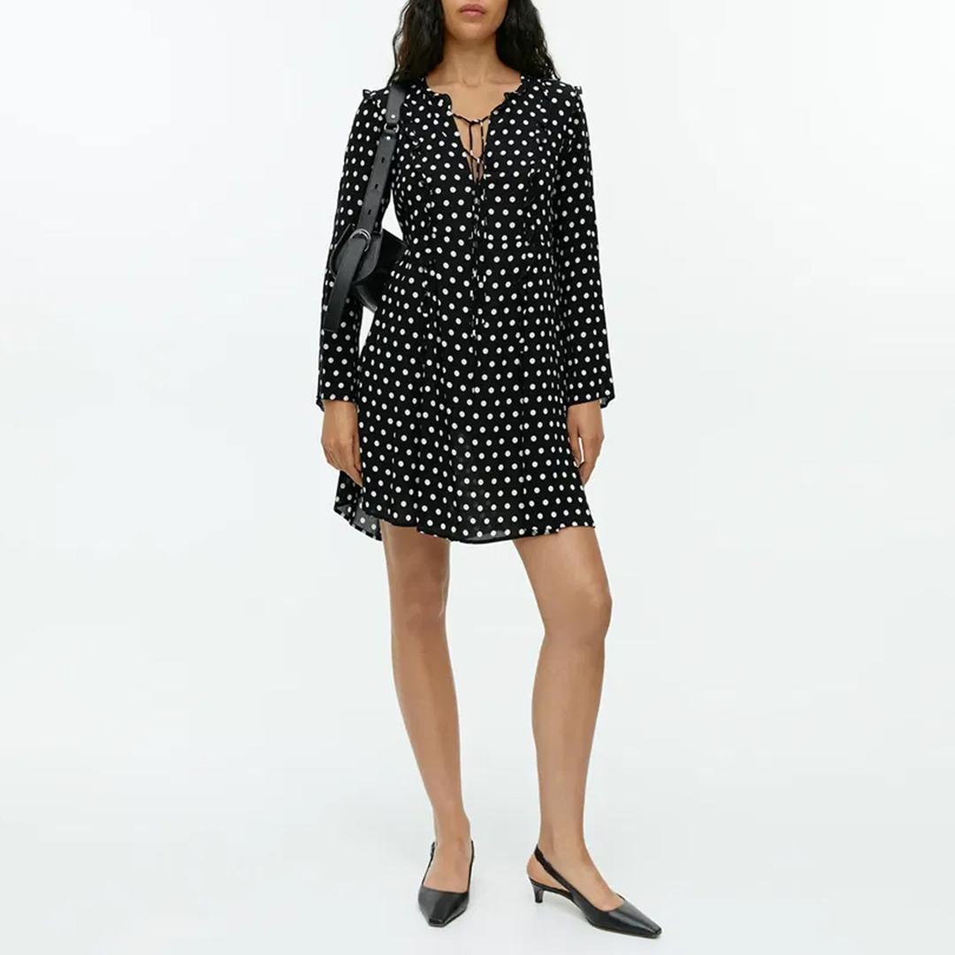 ARKET Pola Dot Ruffled A-Line Mini Dress in Black | Lyst UK