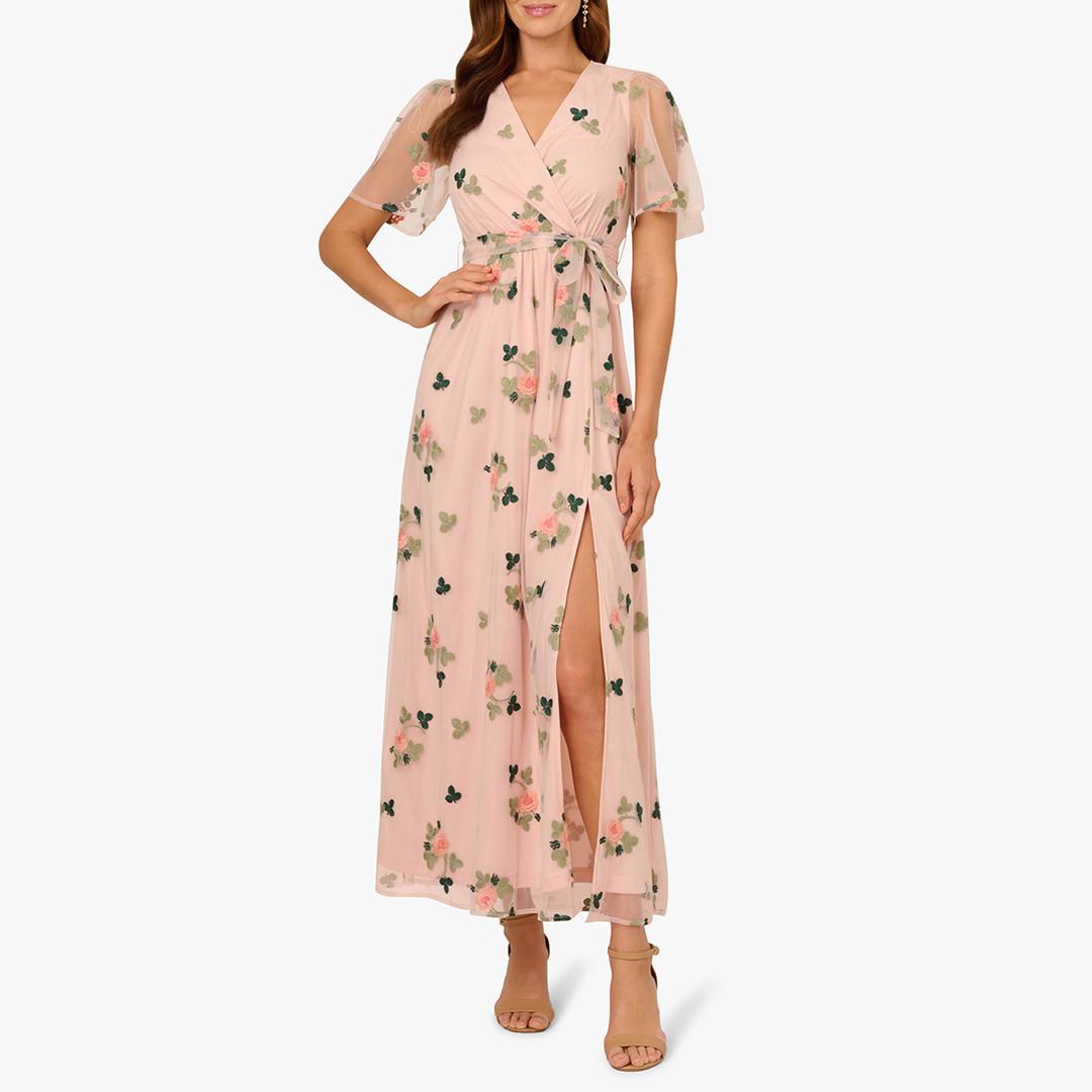 knee length dresses for ladies Blush Whisper Flutter Sleeve Ruffle Floral Beaded Midi Dress main image 0
