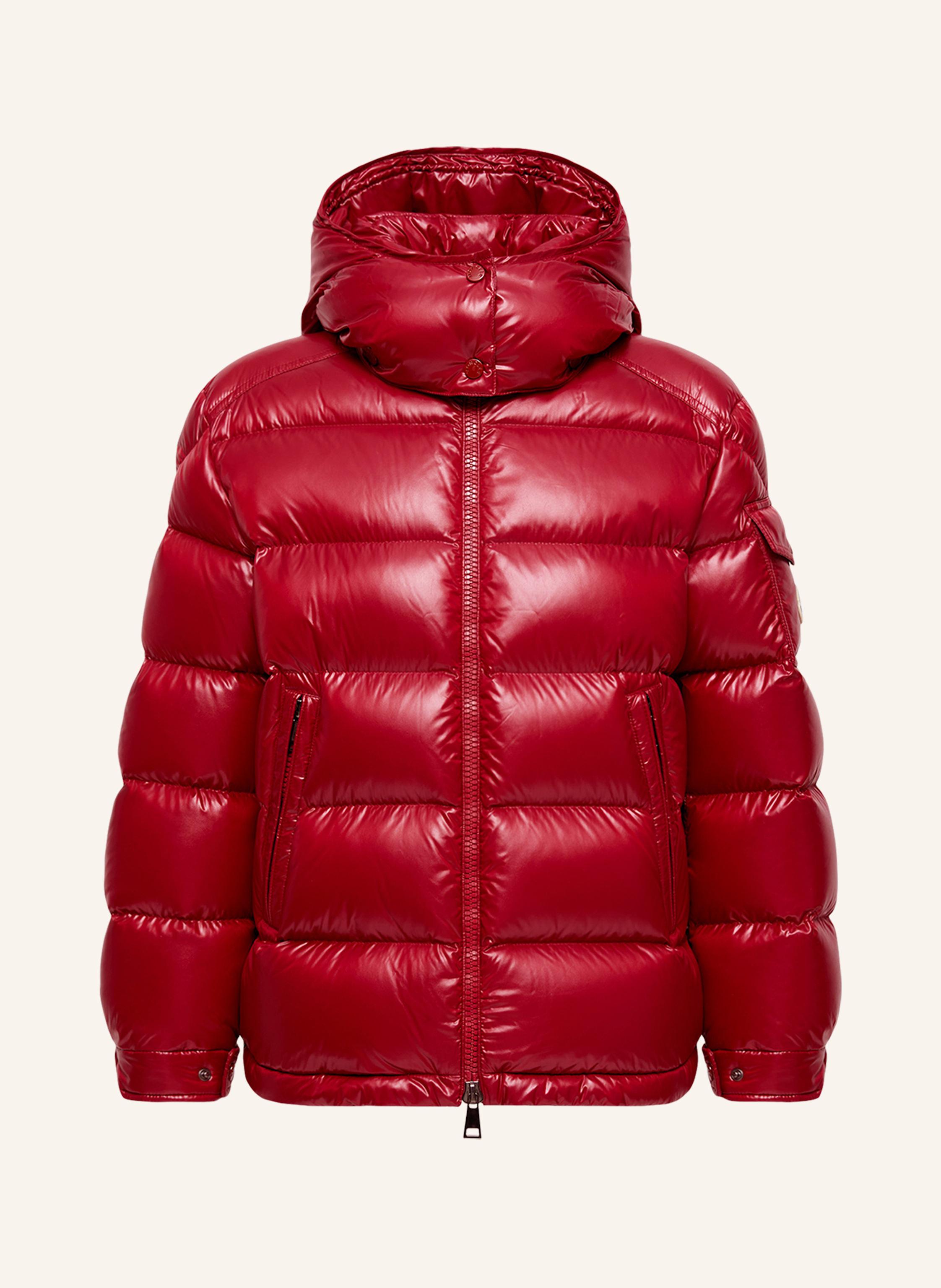 Moncler Rote Kapuzenjacke Damen Kurze Glänzende Boxy-Daunenjacke