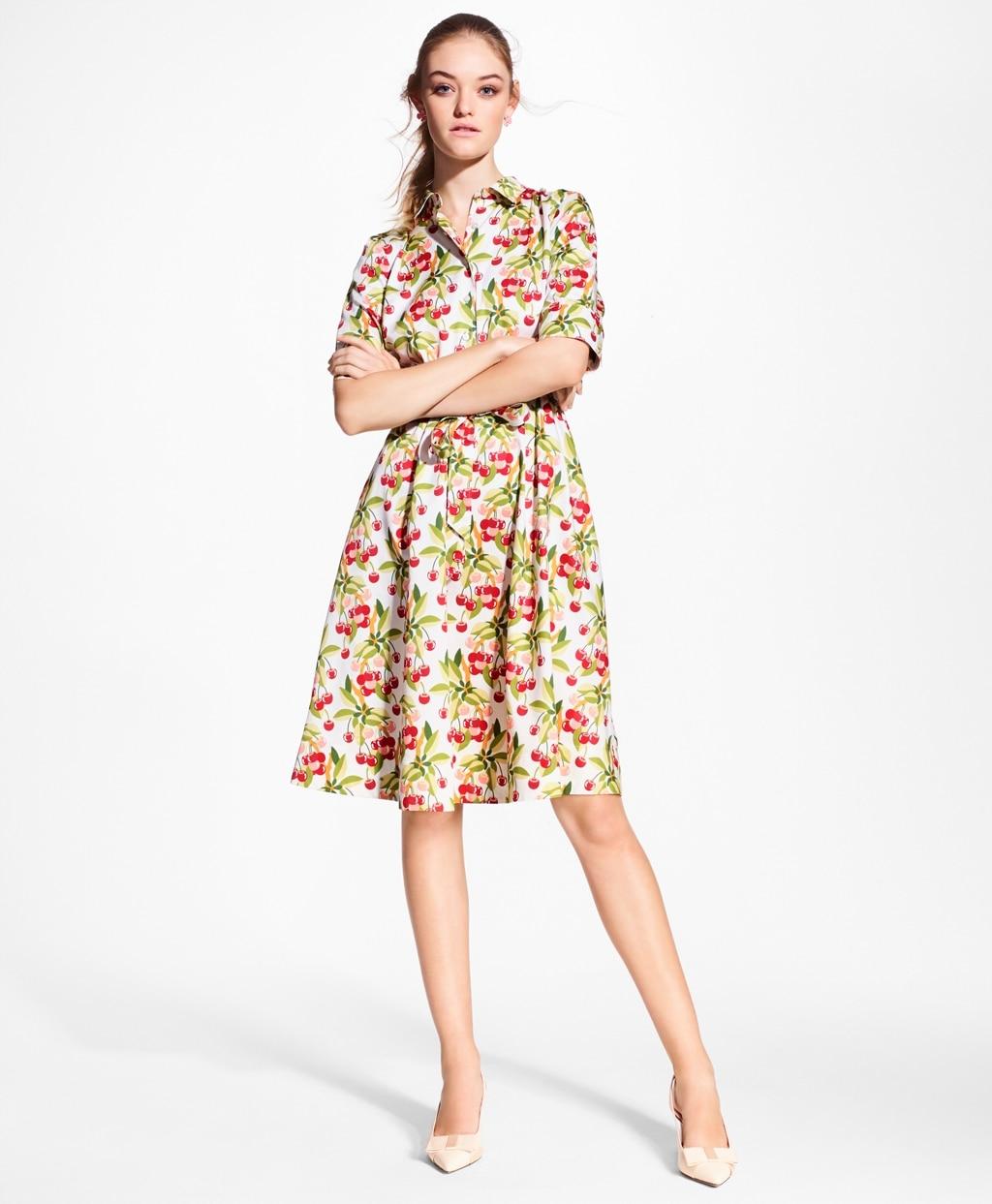 Cherry-print Cotton Sateen Shirt Dress 