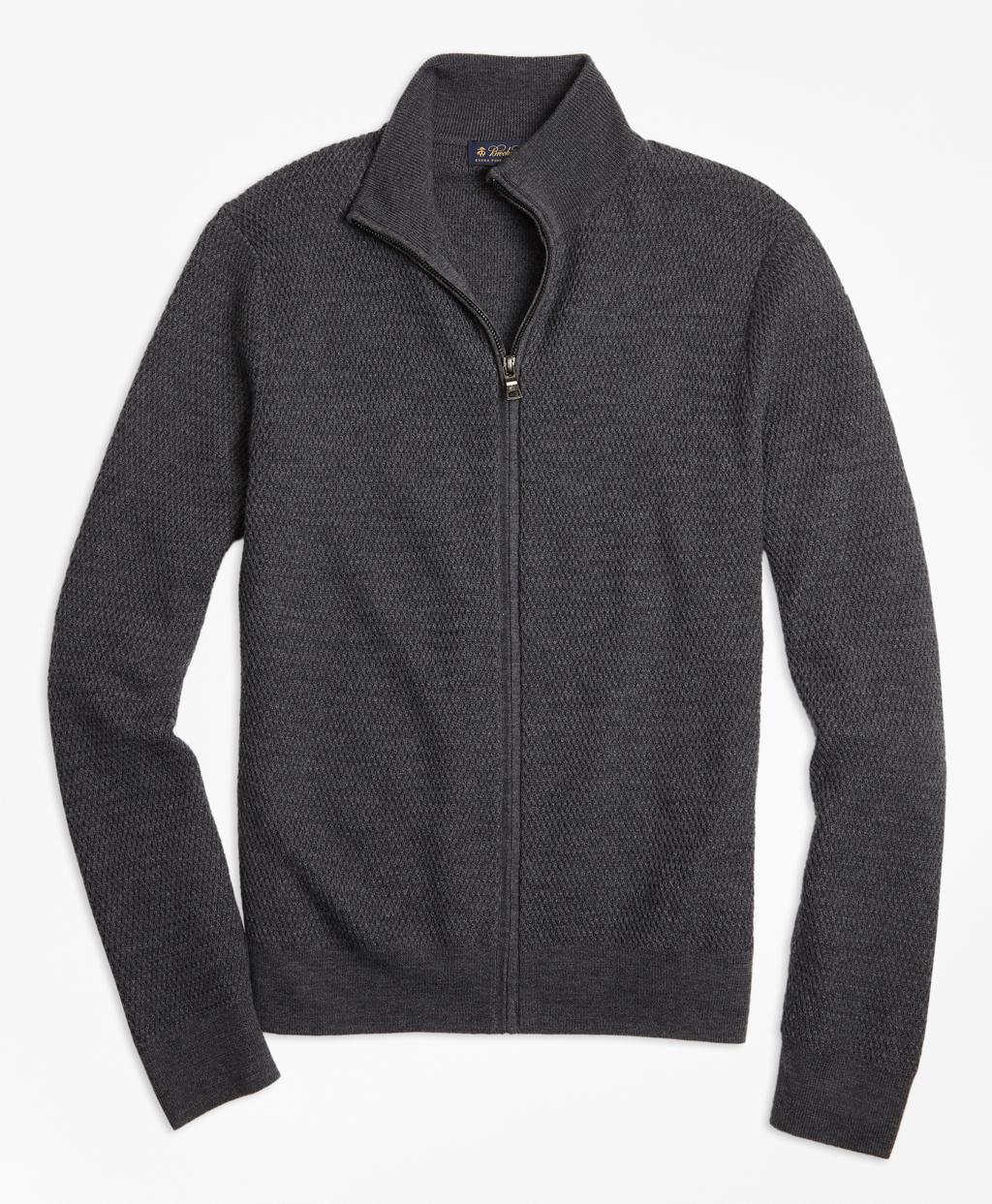 Brooks Brothers Textured Merino Wool Fullzip Sweater in Grey (Gray