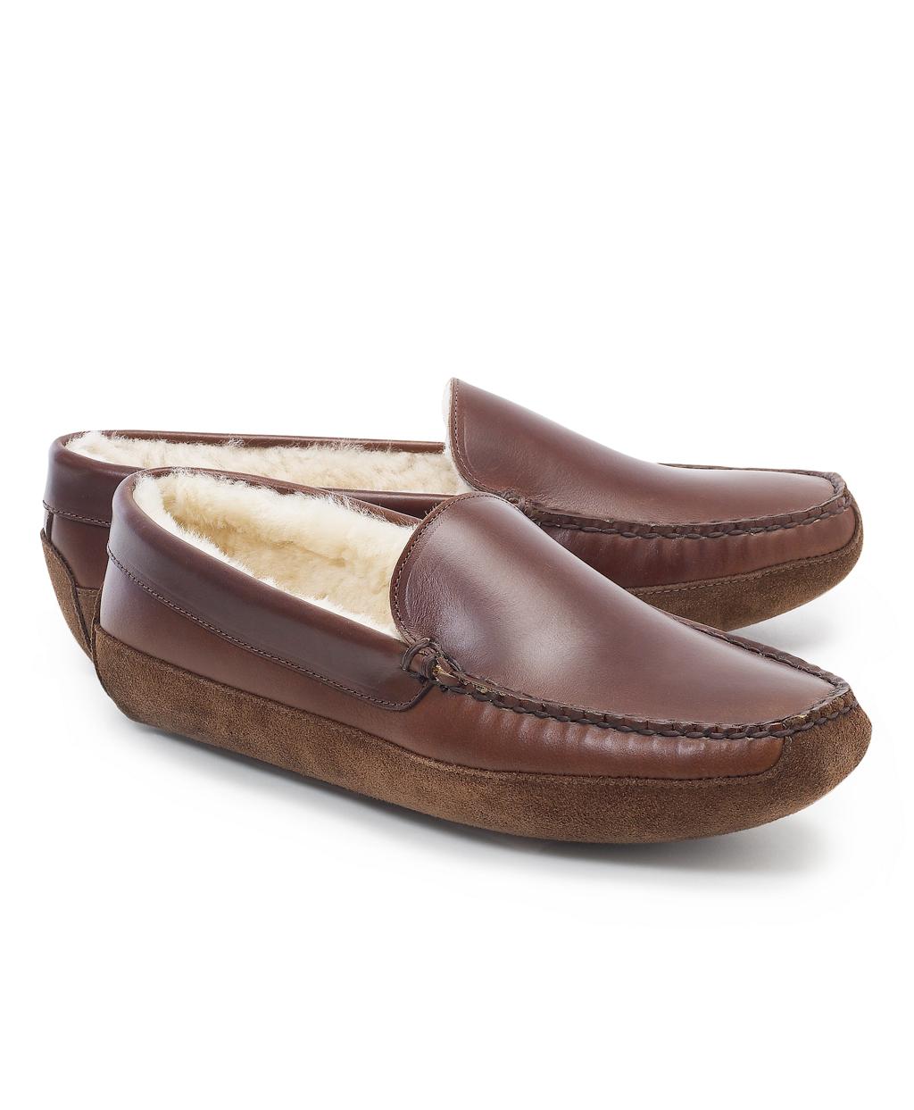 Brooks Brothers Leather Shearling Slippers in Brown for Brooks Brothers Leather Shearling Slippers in Brown for