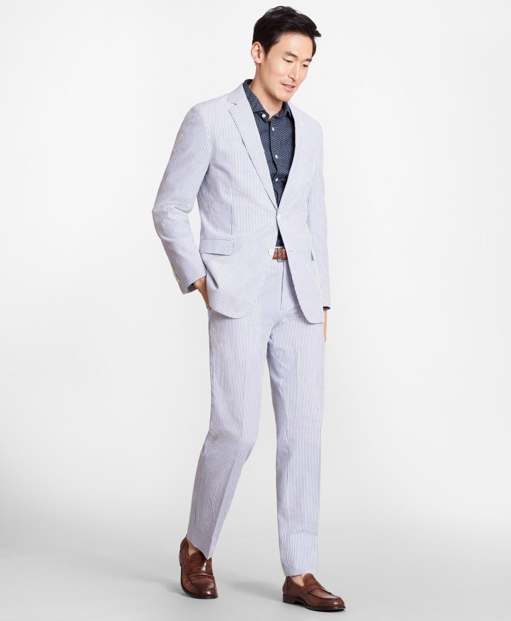 Brooks Brothers Cotton Slim Fit Stripe Seersucker Suit in BlueIvory