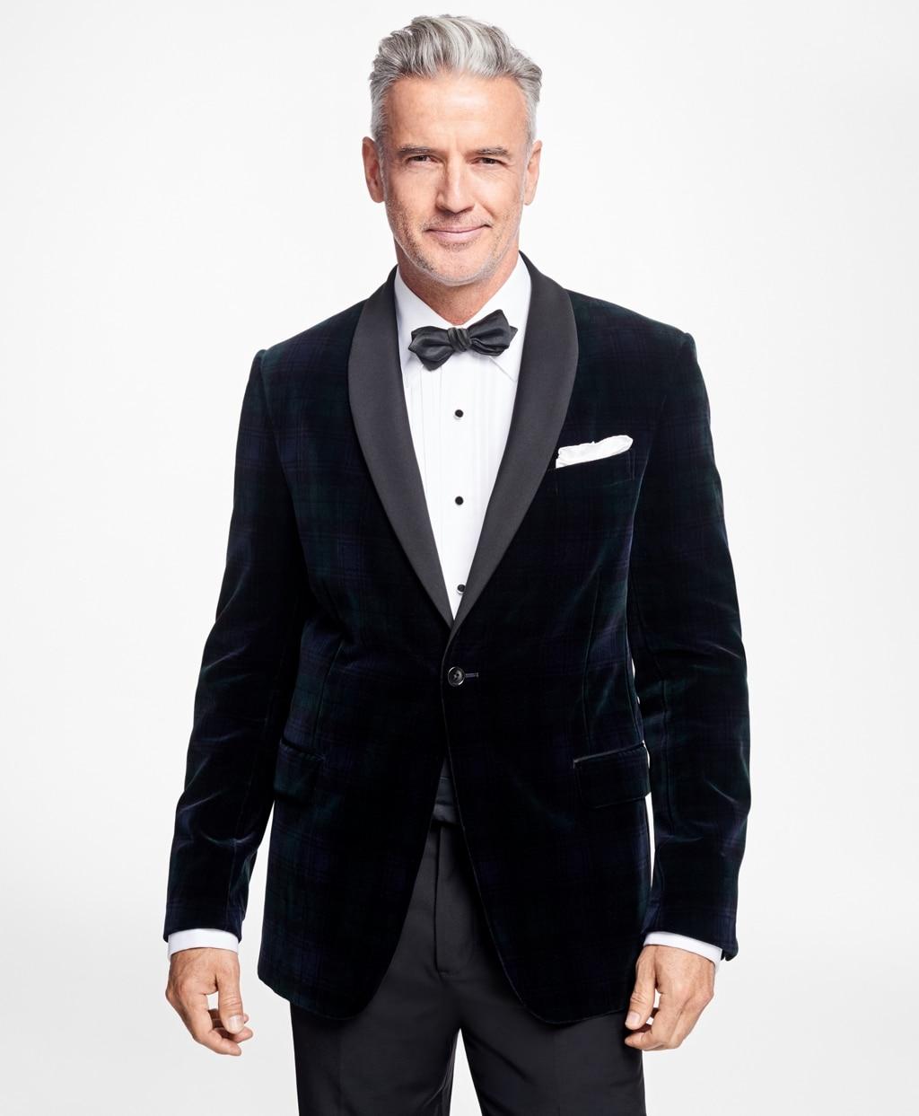 Brooks Brothers Velvet Slim Fit Black Watch Shawl Collar Tuxedo Jacket