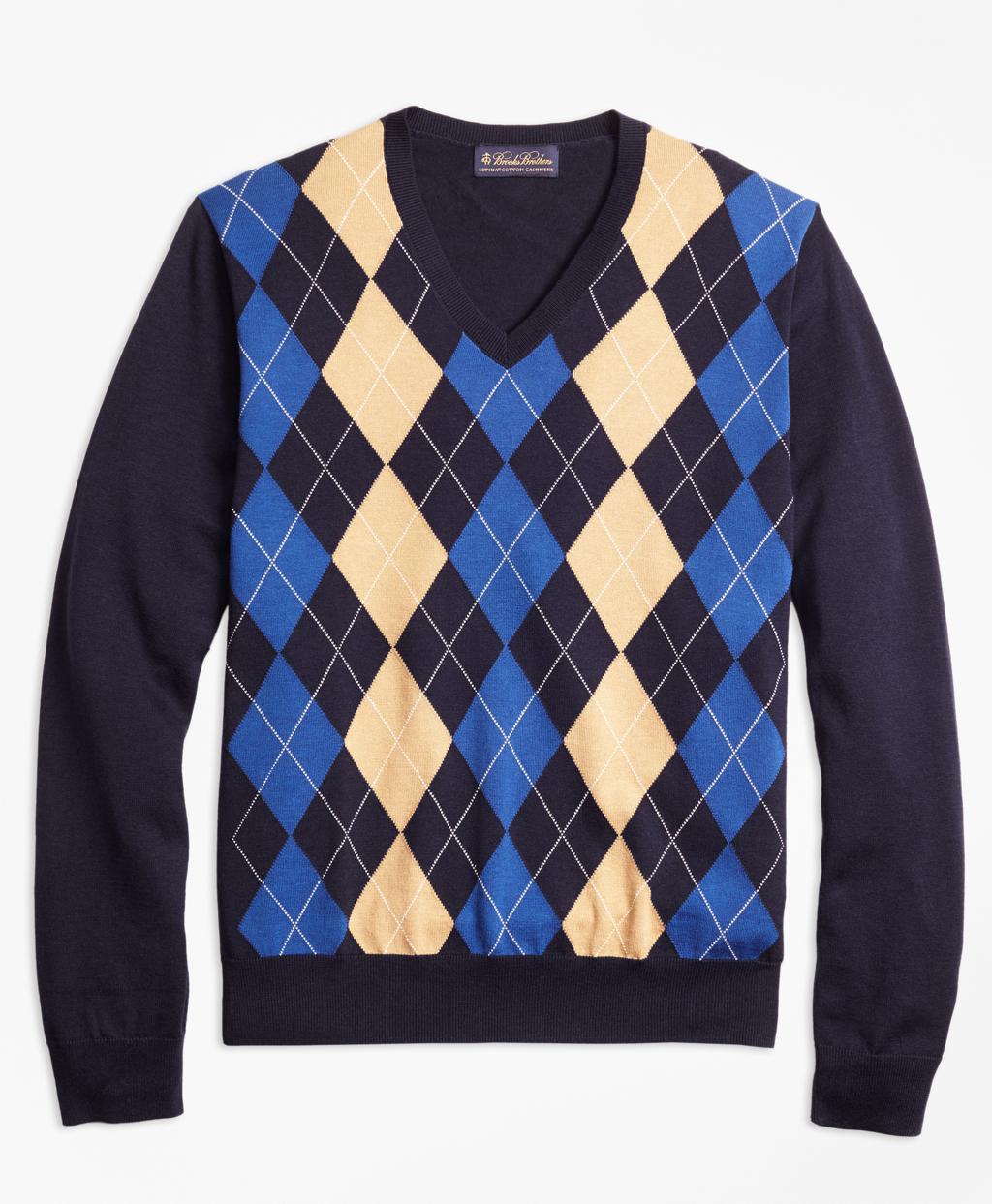 Brooks Brothers Cotton Cashmere Argyle V-neck Sweater in Navy (Blue ...