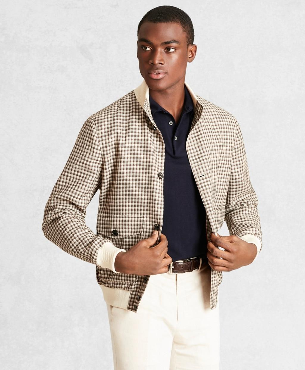 Brooks Brothers Golden Fleece Wool Linen Houndstooth Bomber Jacket in