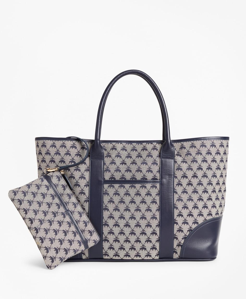 Brooks Brothers Fleece Leather-trimmed Logo Jacquard Tote Bag in Navy ...