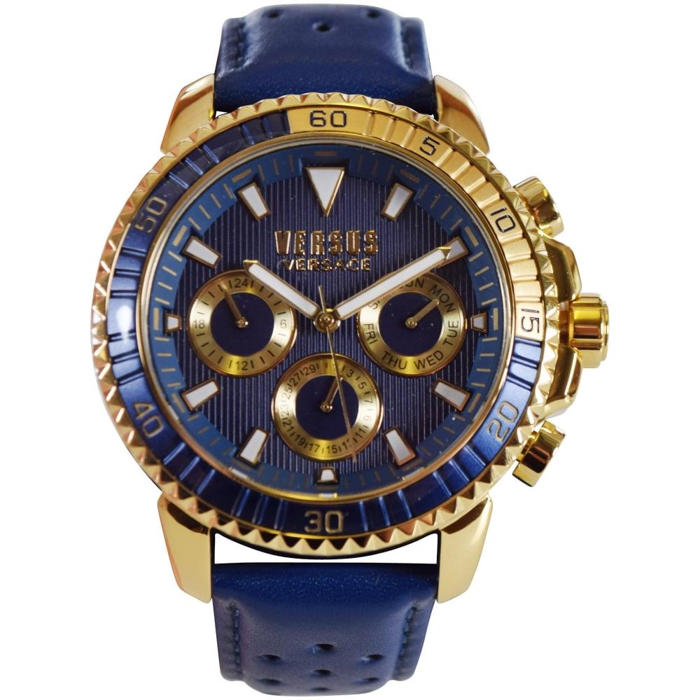 Versace Leather Versus Navy Aberdeen Chronograph Gold Watch in Blue for Men Lyst