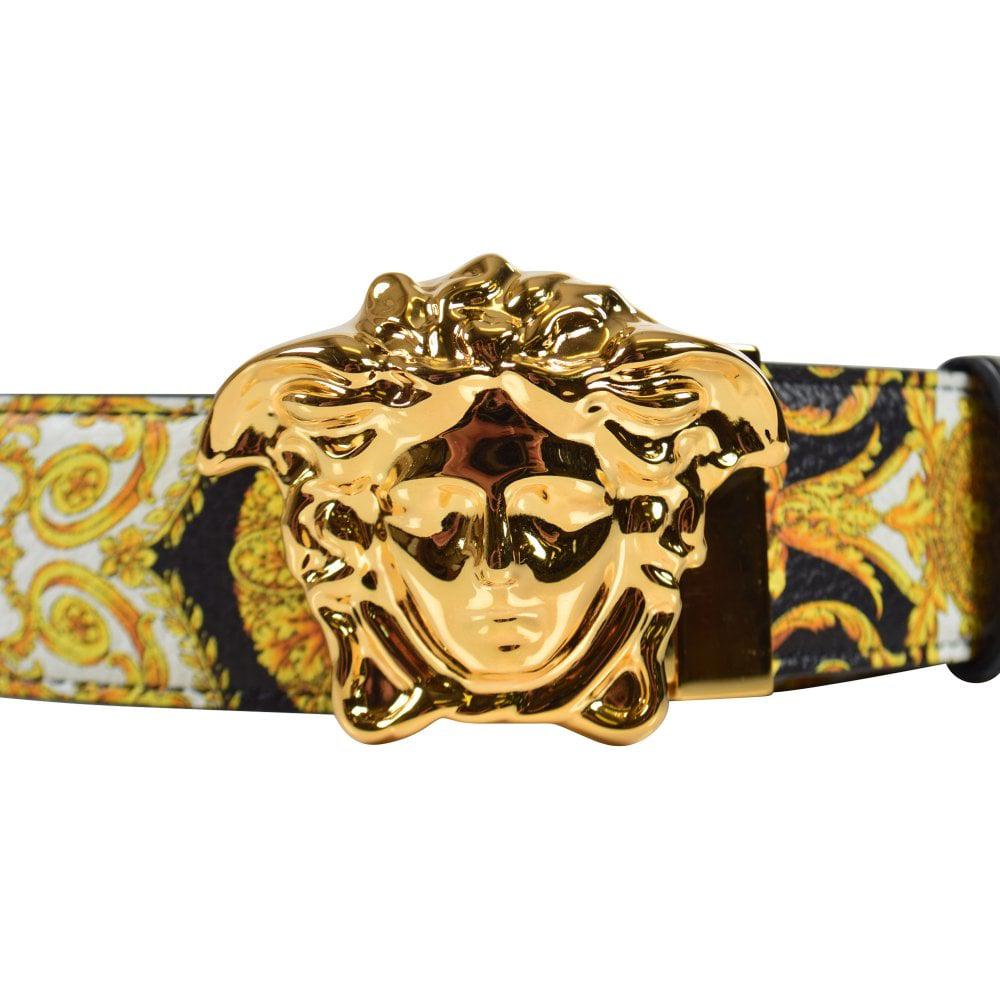 Versace Leather Gold Hibiscus Print Palazzo Belt in Black/Gold ...