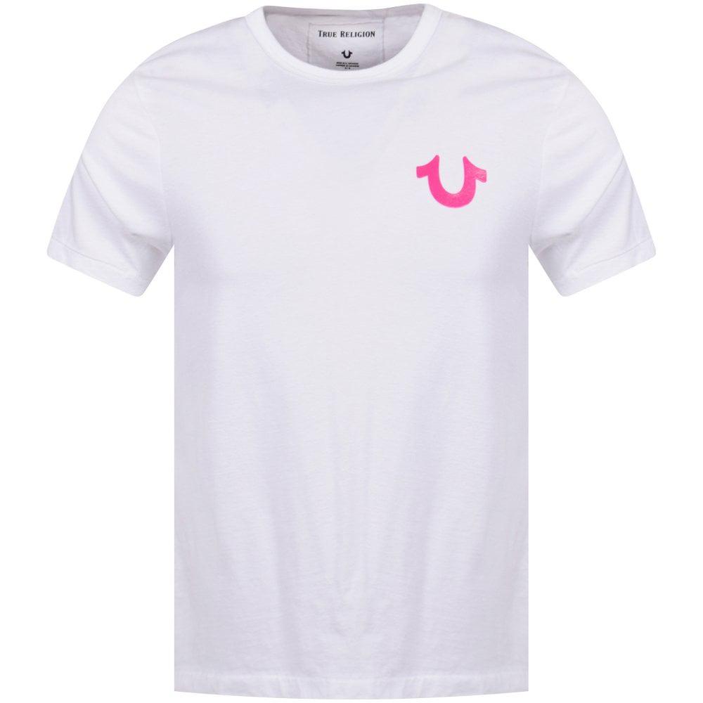 pink and white true religion shirt