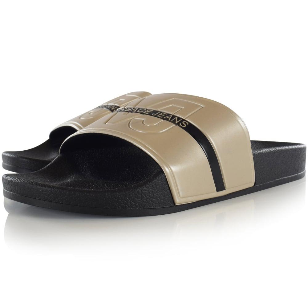 Versace Jeans Couture Denim Black/gold Text Stripe Pool Sliders in Metallic  for Men - Lyst